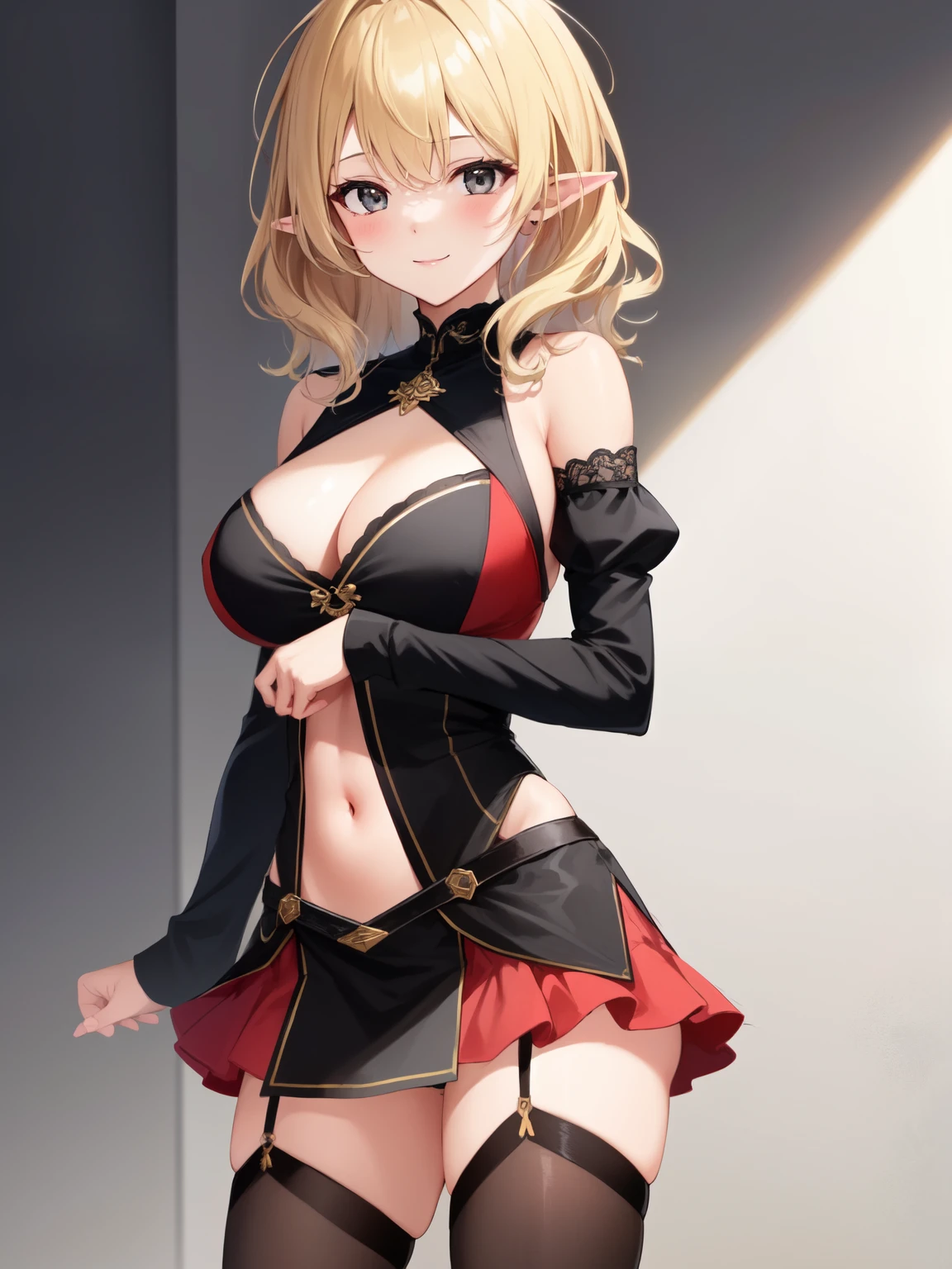 1girl, blonde hair, wavy hair, messy hair, medium hair, black eyes, pointy ears, large breasts, black dress, red dress, cleavage, navel, panties, legwear, miniskirt, detached sleeves, light smile, portrait, standing