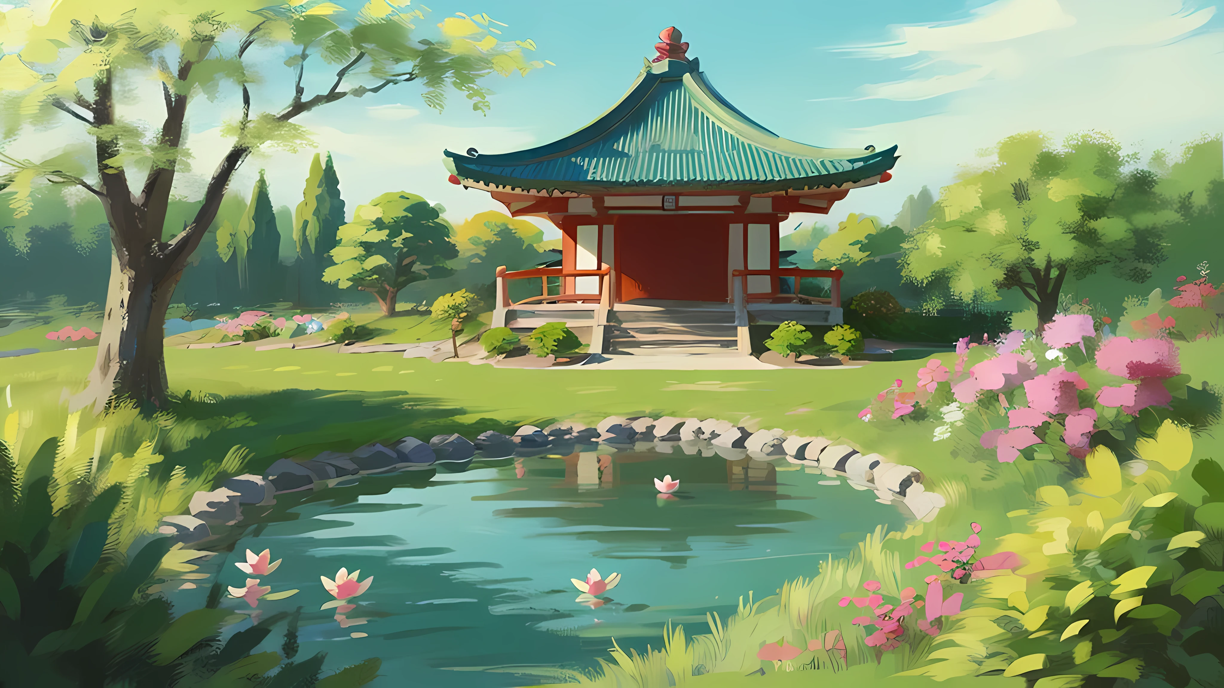 (number),(best quality), (building:1.3), Tranquil Japanese garden, cherry blossoms in bloom, koi pond, footbridge, pagoda, Ukiyo-e art style, Katsushika Hokusai&#39;of inspiration, unusual pop art, 8K hyper-realistic, Soft color scheme, soft light, prime time, peaceful atmosphere, horizontal