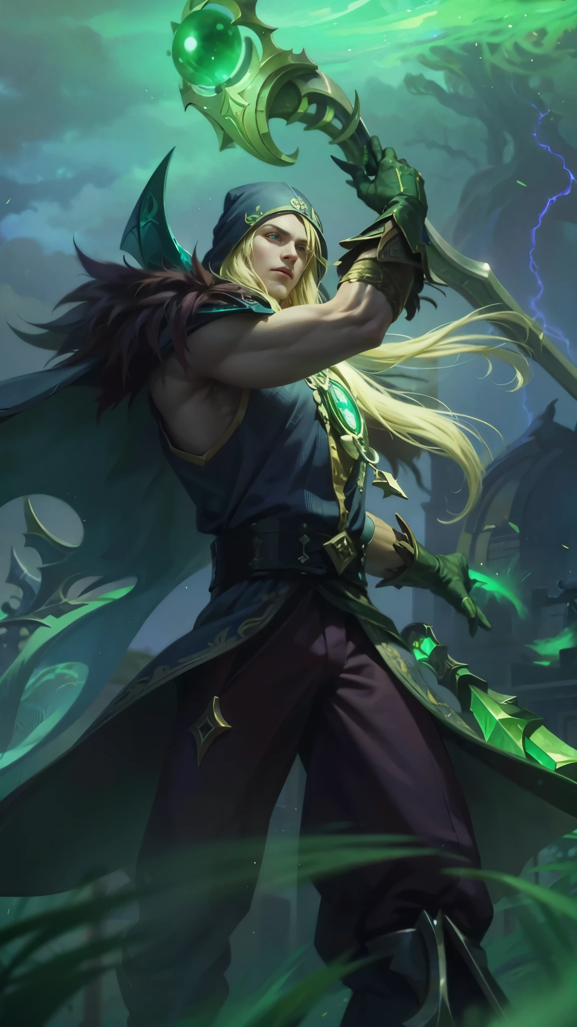 Best quality, masterpiece, detailed skin texture, detailed clothes texture, detailed face, super detail, 8k, intricate detail, 1 boy, The color doesn't change, Muscle guy, 1 guy, a close up of a person holding a sword in a field, amazing portrait of viego, inspired by Huang Shen, inspired by Shen Zhou, astri lohne, karthus from league of legends, stanley artgerm lau, 8 k hd wallpaperjpeg artifact, 8k hd wallpaperjpeg artifact, league of legends character art, a blonde emerald warrior