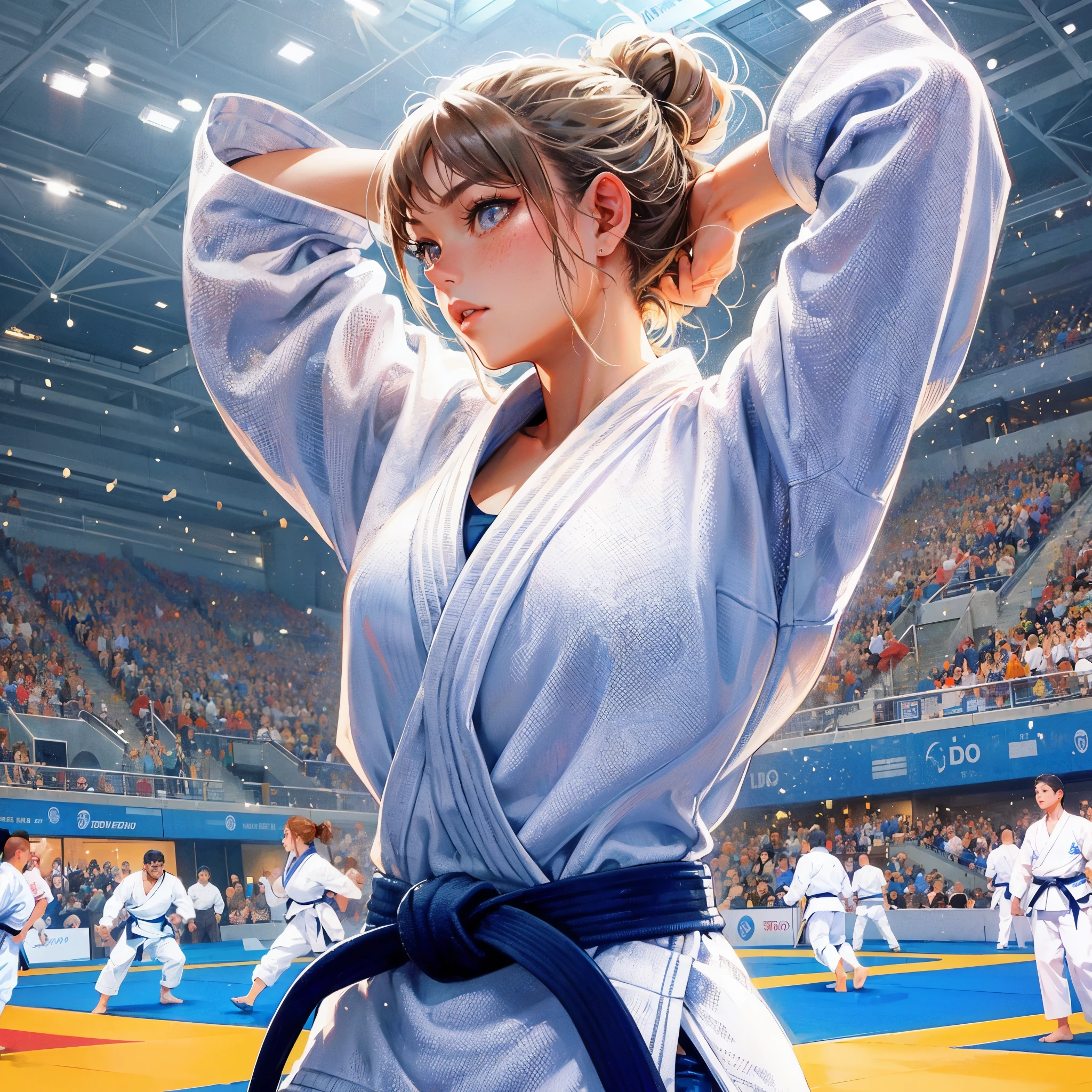 high quality,HD,16k,sharp lines,1 girl,Female judo athlete ,cute face, medium breasts, nice legs,At the judo venue,focus girl,detailed beautiful face,detailed clothes,beautiful eyes,cool,dynamic angle