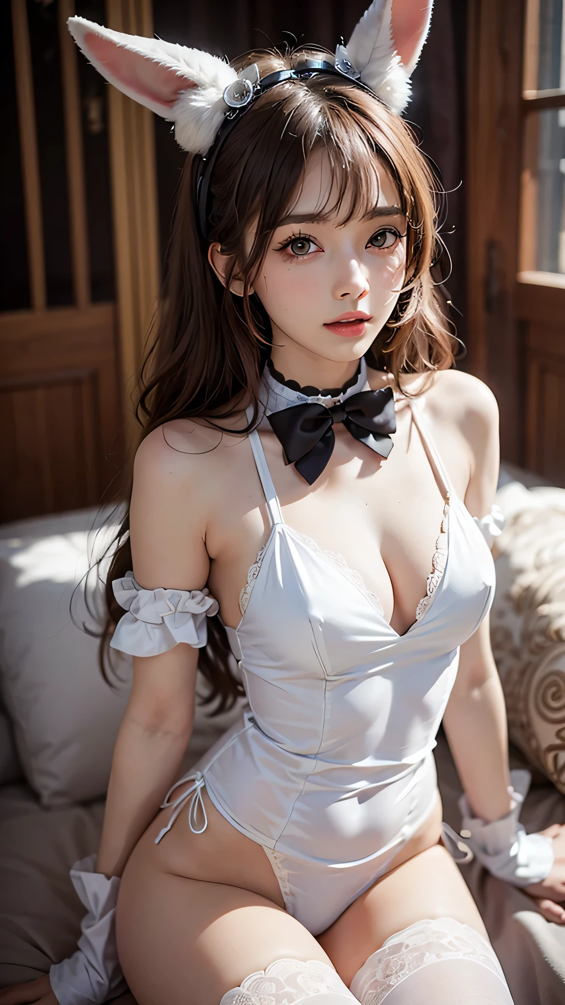 Beautiful white and shining skin、Chestnut hair that changes depending on the light、Long bangs between the eyes that obstruct the view、Cheek gloss highlights、Sexy and very beautiful nice gorgeous face、the most beautiful face in the world、short bob、Smooth straight hair、medium breasts、beautiful breasts、cleavage、Big and bright eyes、beautiful bangs、Beautiful and beautiful woman、small face beauty、golden ratio、natural smile、high heels、cute bunny ears hair accessories 、white choker and black bow tie、White cuffs、Bunny girl、