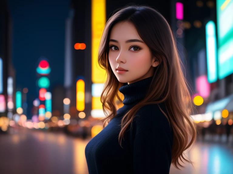 A stunningly intricate portrait of a young woman, with an impeccable sense of realism and photo-realism, wearing a stylish turtleneck sweater. The image, captured in RAW format to ensure the highest quality, showcases every fine detail of the girl's face and features. Her eyes and nose are exquisitely rendered, revealing the artist's mastery of capturing human anatomy with precision and beauty. This masterpiece is presented in an ultra-detailed, 2k wallpaper, providing viewers with an immersive visual experience. The soft lighting enhances the cinematic atmosphere, as the girl is depicted standing on a street in Shibuya at night, with the vibrant city lights illuminating the scene. Her slender body and perfect proportions further add to the overall allure of this incredible