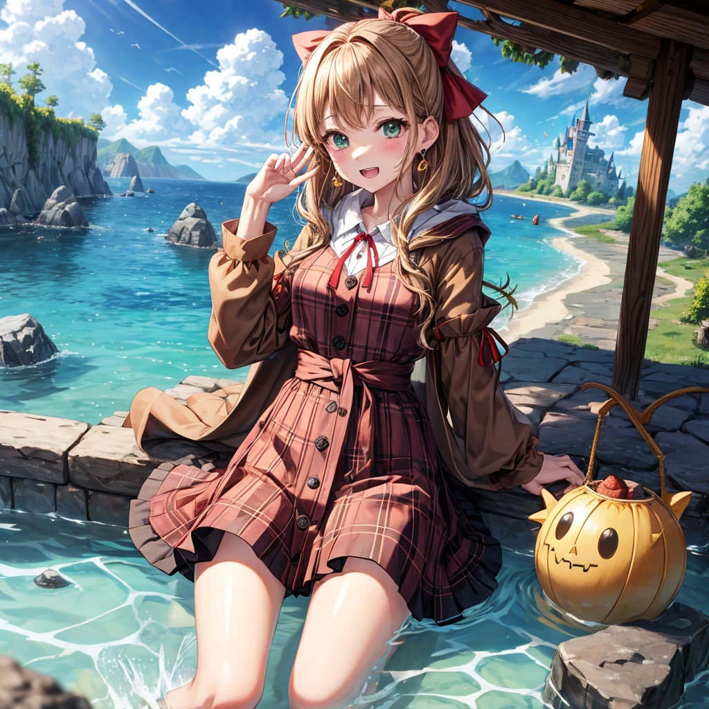 reddish-brown blonde、green eyes、one good looking girl、solo、anime、plaid mini skirt、the skirt has buttons、camisole、black t-shirt、dress、wearing a ribbon、ribbon at waist、cloak、hood、clouds are swirling、stone slabs are piled up、one hand raised、crystal earrings、sun、gold coins are falling、teeth are visible、splash of water、monster castle、have a world map、bow、Swing、ceiling、frying pan、graffiti、scarecrow、heart