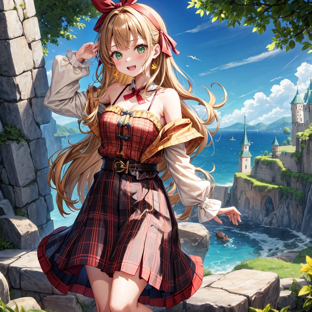 reddish-brown blonde、green eyes、one good looking girl、solo、anime、plaid mini skirt、the skirt has buttons、camisole、black t-shirt、dress、wearing a ribbon、ribbon at waist、cloak、hood、clouds are swirling、stone slabs are piled up、one hand raised、crystal earrings、sun、gold coins are falling、teeth are visible、splash of water、monster castle、have a world map、bow、Swing、ceiling、frying pan、graffiti、scarecrow、heart