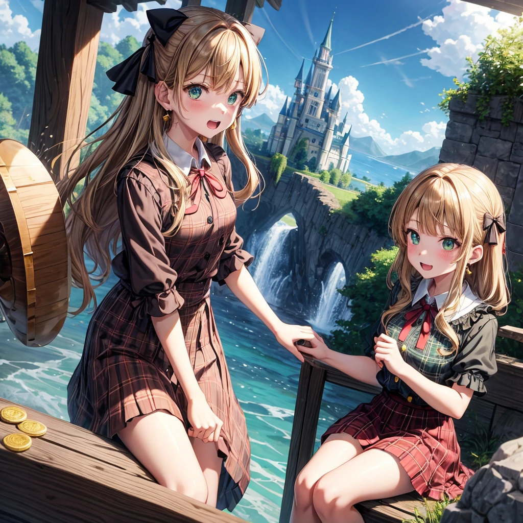 reddish-brown blonde、green eyes、one good looking girl、solo、anime、plaid mini skirt、the skirt has buttons、camisole、black t-shirt、dress、wearing a ribbon、ribbon at waist、cloak、hood、clouds are swirling、stone slabs are piled up、one hand raised、crystal earrings、sun、gold coins are falling、teeth are visible、splash of water、monster castle、have a world map、bow、Swing、ceiling、frying pan、graffiti、scarecrow、heart