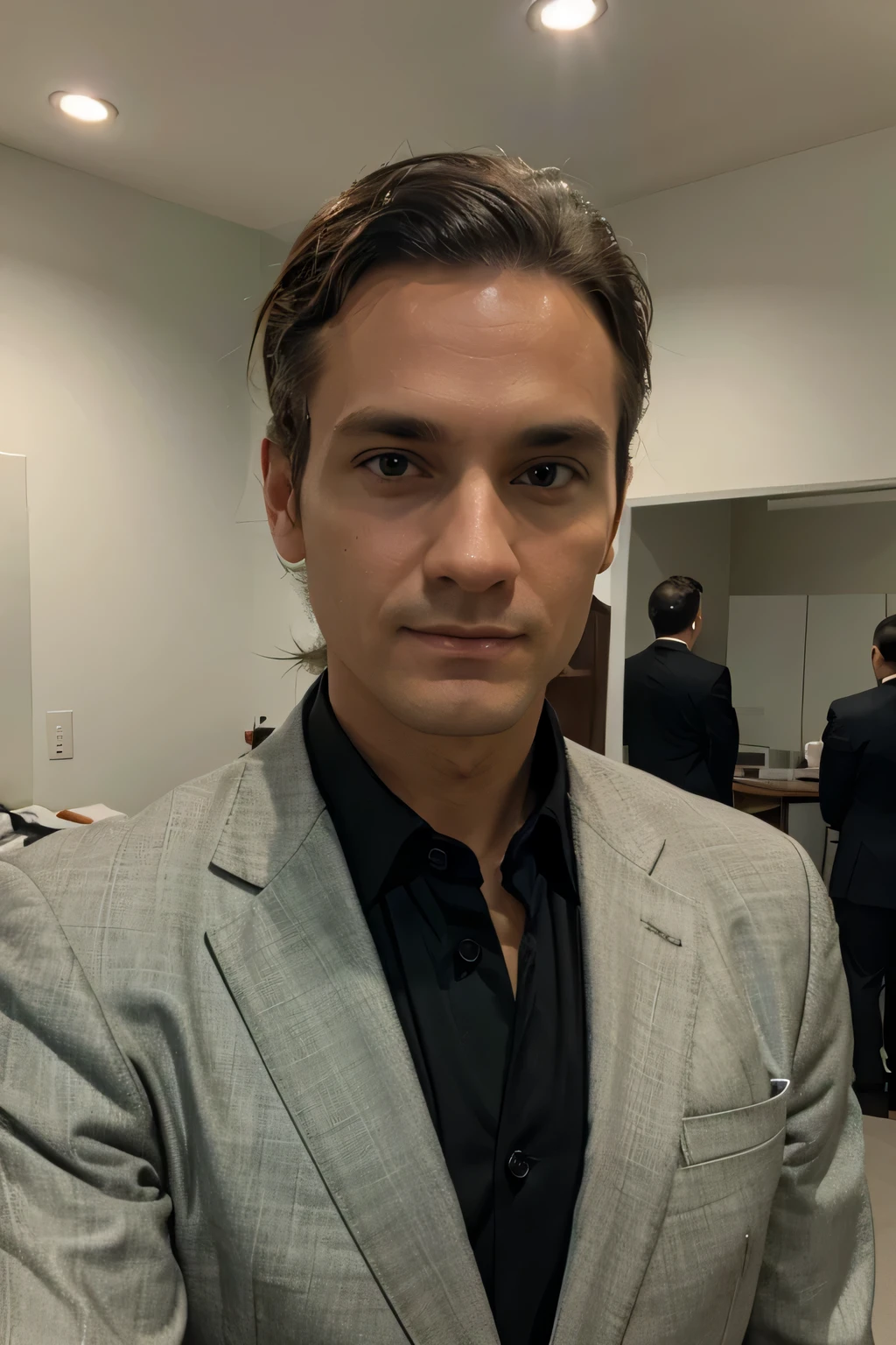 A 45-year-old man in a business suit., light green eyes