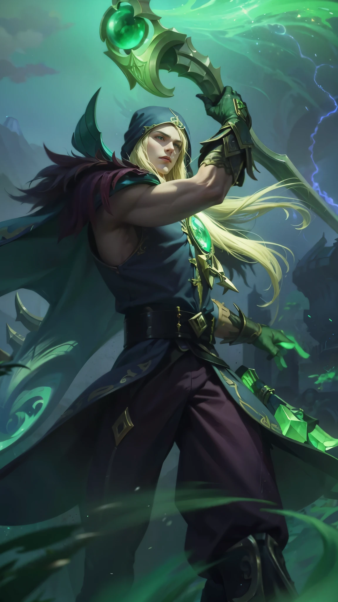 Best quality, masterpiece, detailed skin texture, detailed clothes texture, detailed face, super detail, 8k, intricate detail, 1 boy, The color doesn't change, Muscle guy, 1 guy, a close up of a person holding a sword in a field, amazing portrait of viego, inspired by Huang Shen, inspired by Shen Zhou, astri lohne, karthus from league of legends, stanley artgerm lau, 8 k hd wallpaperjpeg artifact, 8k hd wallpaperjpeg artifact, league of legends character art, a blonde emerald warrior