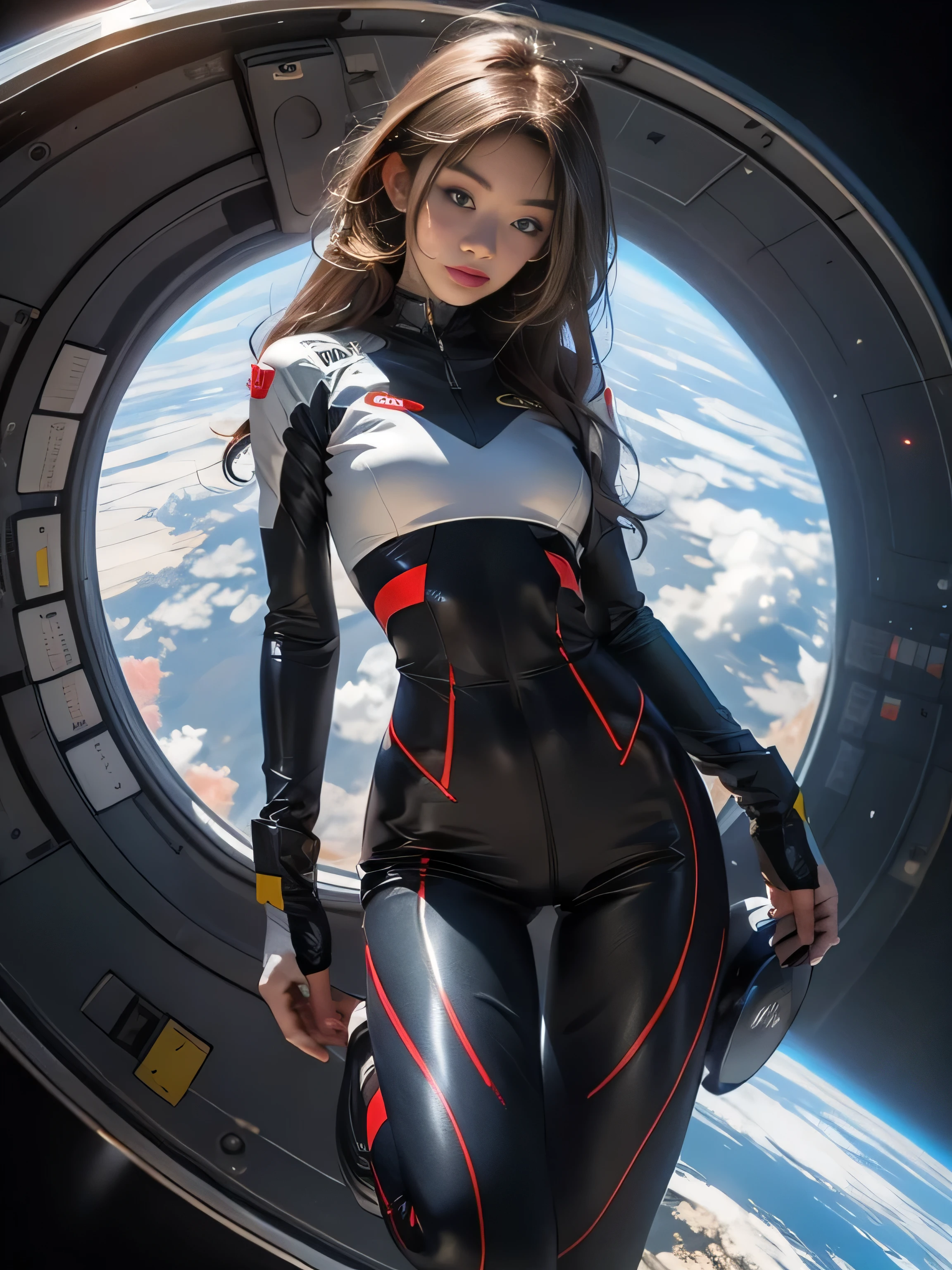 sandy hair muscular large breasts slender thighs slender waist pilot suit solo looking at viewer in space long hair blushing determination, Full body Shot
