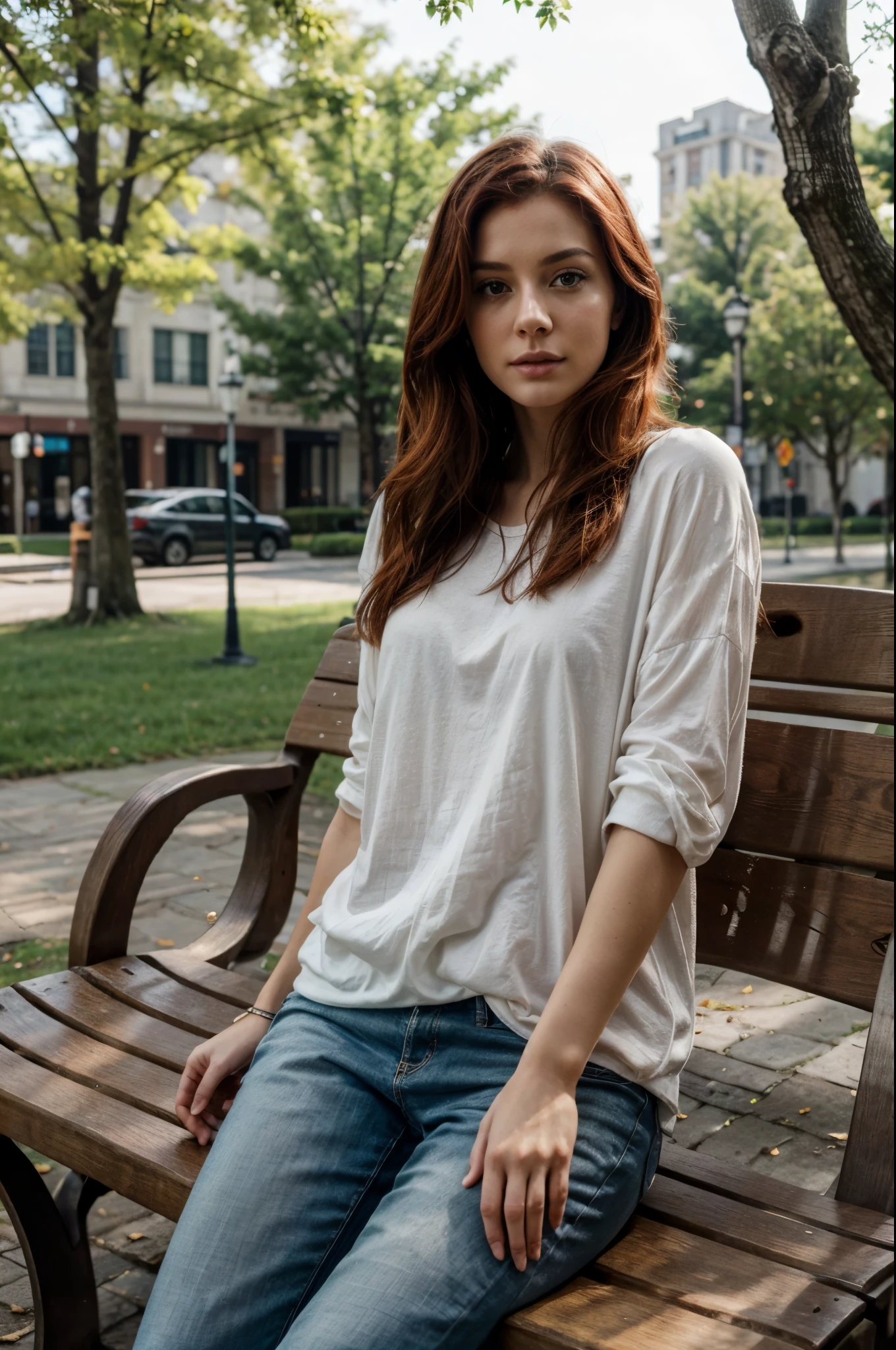 4k superrealistic image with A beautiful, red hair, elegant on a park bench on a sunny spring day.