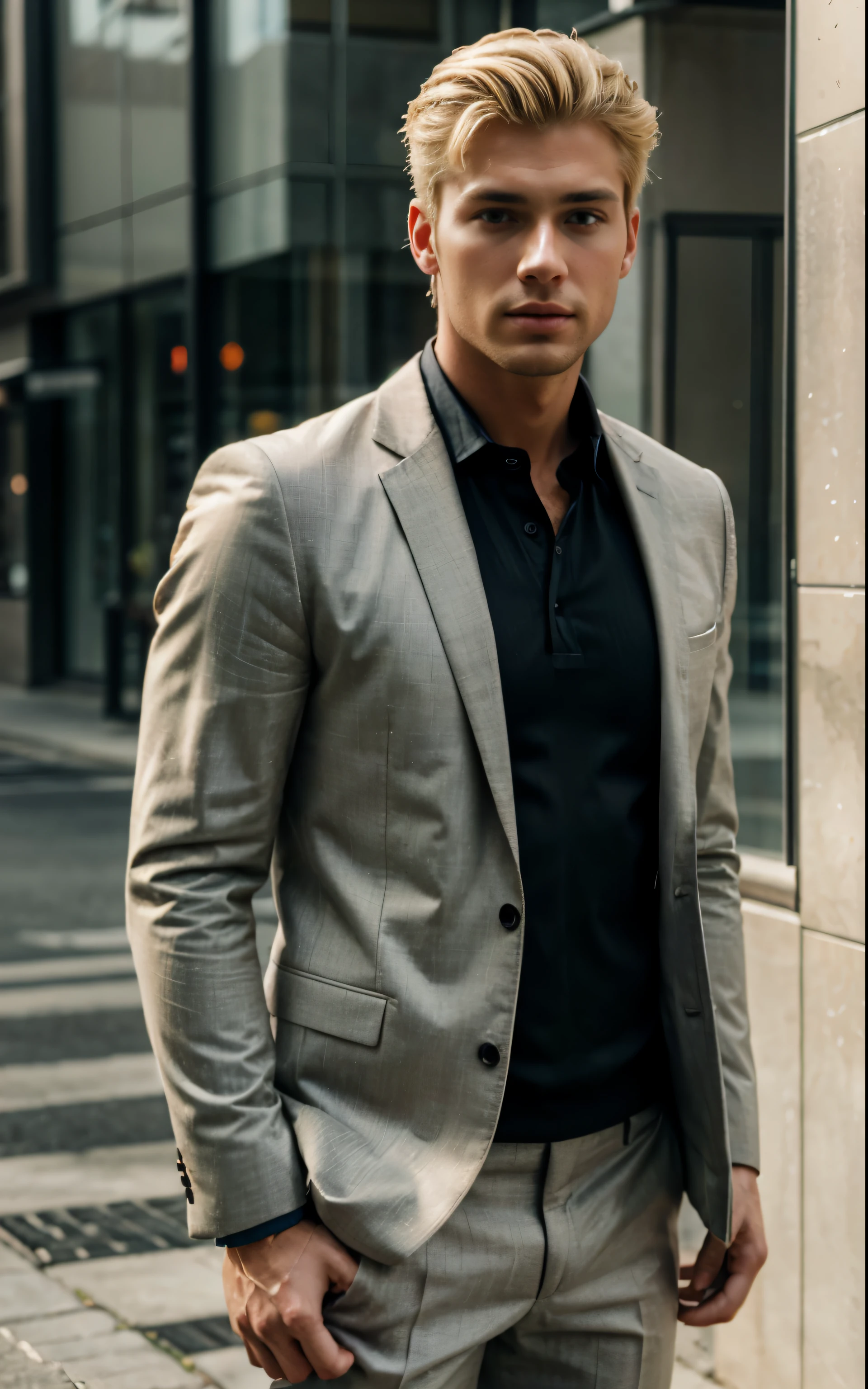 Handsome man with blonde hair,ultra realistic, 4k photography in a modern fashion outfit