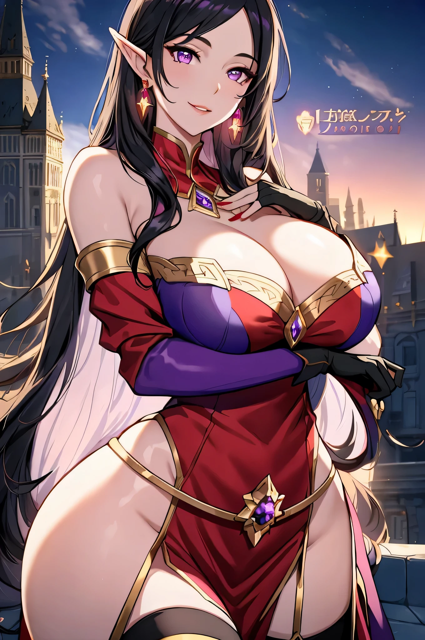 Lian, long black hair, long elf ears, hair stick, bangs, violet eyes, solo, smiling, standing, upper body, hips, bare shoulders,purple thighhighs,red dress, gold jewelry,armor,gloves,circlet, cleavage, red and gold royal castle, gigantic breasts, (best quality, masterpiece, beautiful and aesthetic:1.2, highest detailed face, perfect face,) eyes, perfect face,expressive eyes,
looking at viewer, in the center of the image,(Upper_body),(Focus on her face),
official art,extremely detailed CG unity 8k wallpaper, perfect lighting,Colorful, Bright_Front_face_Lighting,shiny skin,
(masterpiece:1.0),(best_quality:1.0), ultra high res,4K,ultra-detailed