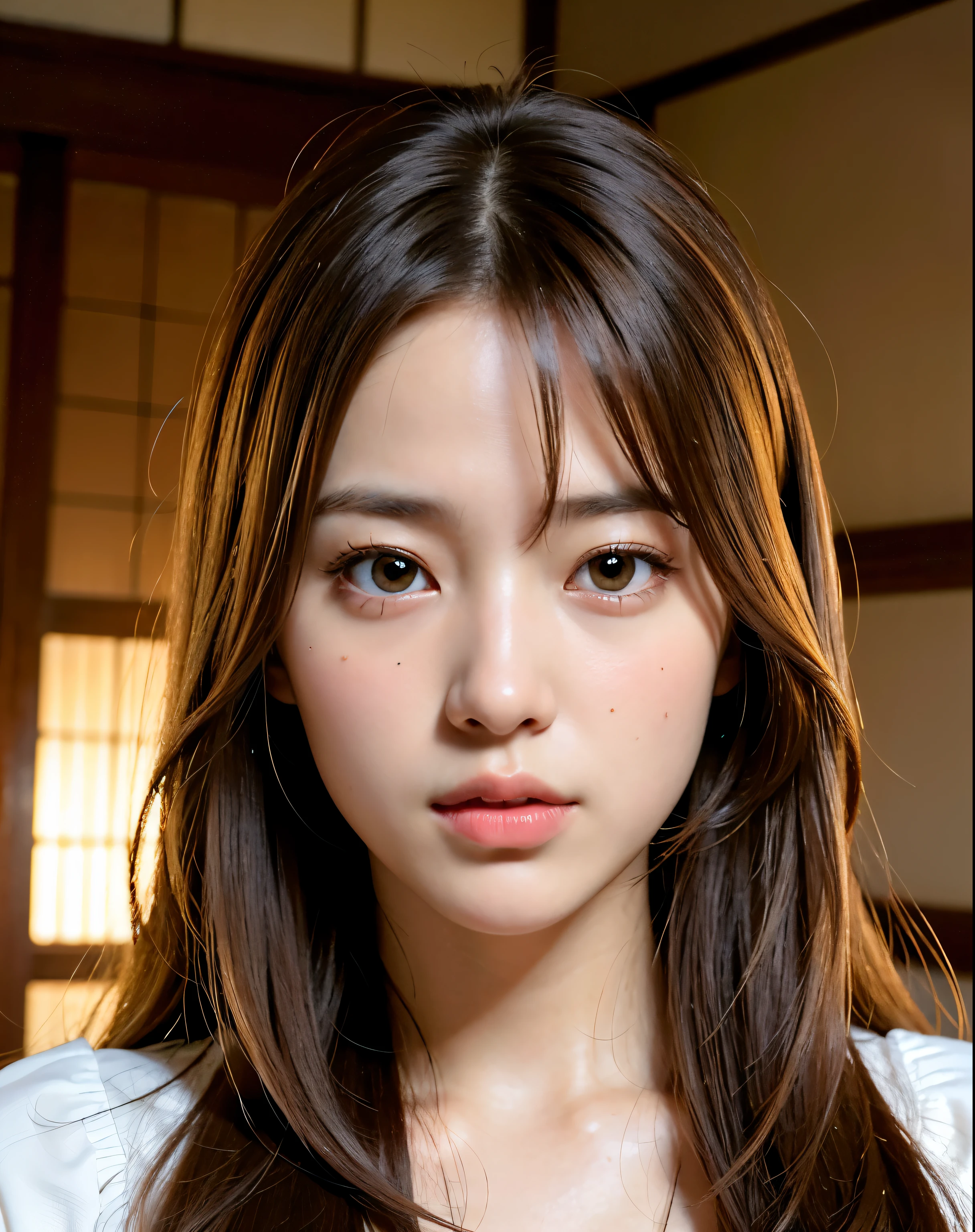 highest quality, face focus, soft light, ultra high resolution, (realistic:1.4), RAW photo,look ahead、
1 Japanese girl, alone, cute, (pupil, There's a light in my eyes), detailed beautiful face, (),(High resolution details of human skin texture),
(long hair),
indoor,
damask shirt dress,
(portrait)