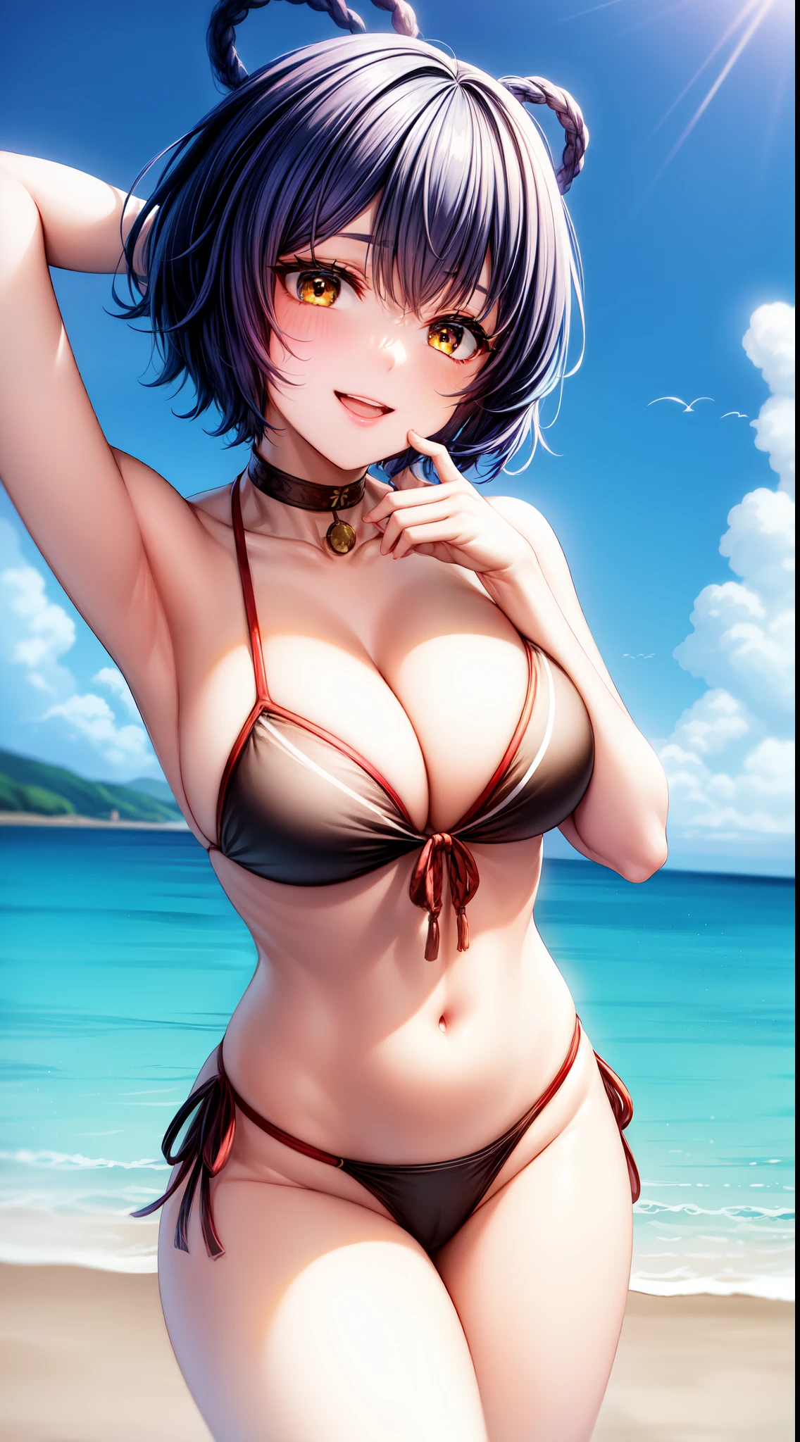 anime, beautiful face, highly detailed face, (2 accurate legs:1), yellow detailed eye, highly detailed beach background, perfect lighting, (perfect hands:1.2), best lighting, (perfect body lighting:1.3), 1girl, solo, outdoors, genshin impact, xiangling, (beautiful blue hair:1.2), hair ornament, absurdres, high res, ultrasharp, 8K, masterpiece, (looking at viewer:1.2), excited smile, facial expressions full of love, BREAK (detailed sexy beach bikini:1.3), (sexy pose:1.3), standing up, (hands behind head:1.2), (leaning forward:1.2), 