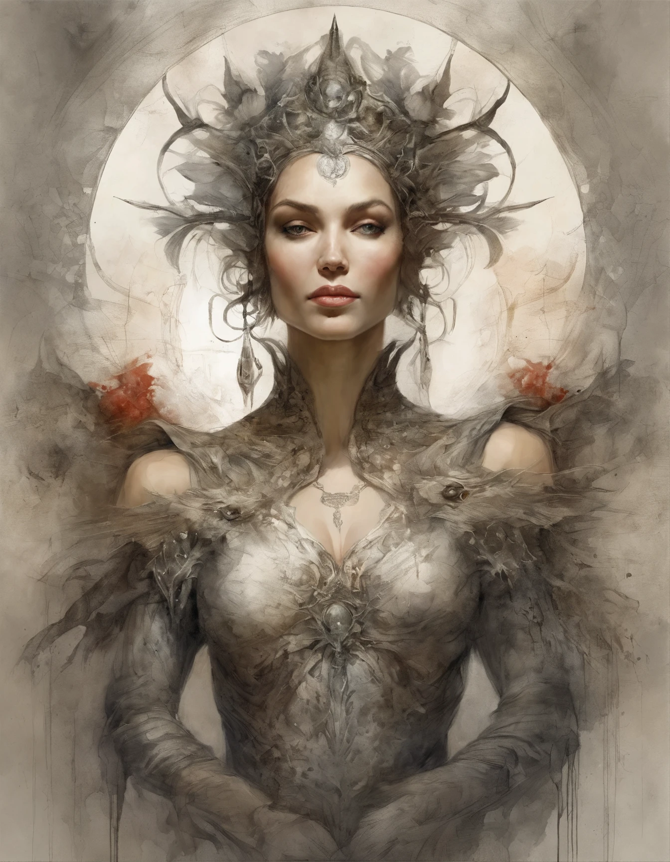 una imagen de cuerpo completo representando a Morgana en Avalon, con un vestido rojo, a la luz de la luna llena, parada sobre una roca a la orilla de una laguna en las islas nebulosas de Avalon. Dramatic lighting, volumetric lighting, epic illustration. Art by Yoji Shinkawa, symmetric circular iris, approaching perfection, pure form, minimalistic, isometric, concept art by Brian Froud, by Carne Griffiths, by Wadim Kashin, by John William Waterhouse, intricate details, 8k post production, high resolution, TanvirTamim, hyperdetailed, trending on artstation, sharp focus, studio photo, intricate details, highly detailed, by greg rutkowski