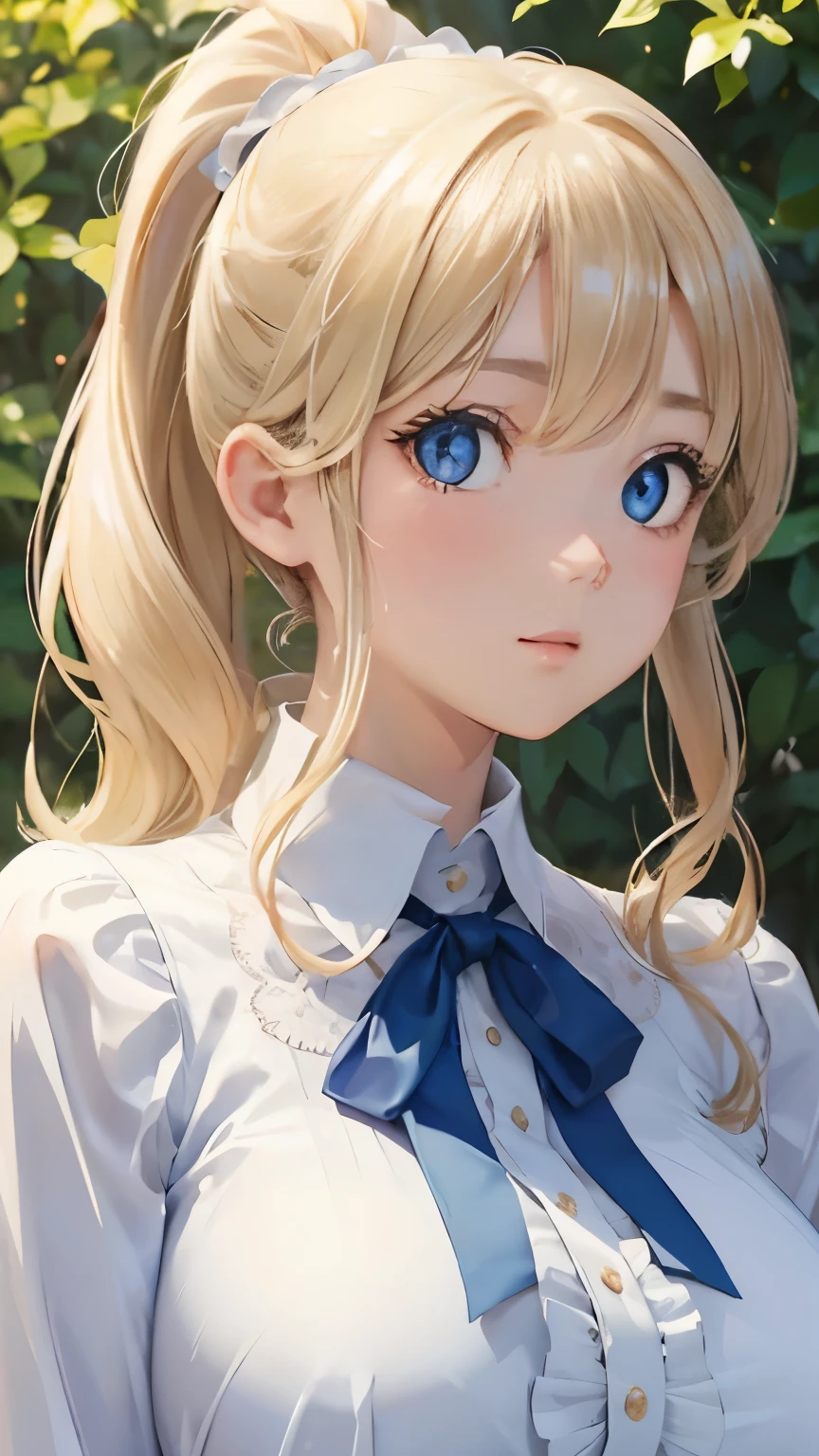(masterpiece:1.2), (highest quality:1.2),, Curvy but slender body, perfect eyes, perfect face, perfect lighting, 1 girl, in the garden, (blouse),(whole bodyショット),(maid),(ponytail),curly hair, fine clothes, detailed outdoor background, compensate, eye shadow, thick eyelashes, fantasy, looking at the viewer, whole body、blue sky、Bright and very beautiful face、young shiny glossy white shiny skin、the best beauty、the most beautiful bright blonde hair in the world、thin hair、long hair、Shining beautiful bangs、big shining blue eyes、Very beautiful and lovely 18 years old, the most beautiful girl in the world、big breasts