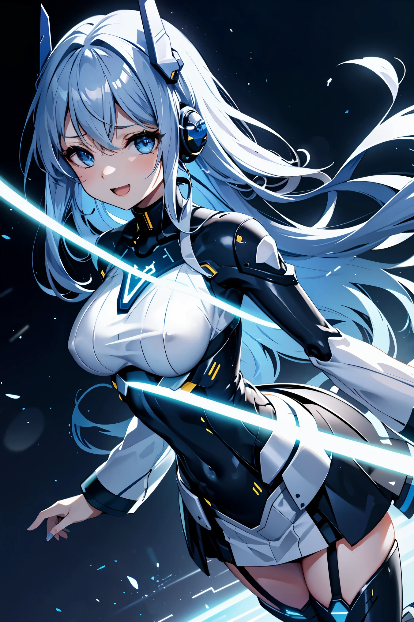 city scape, nsfw, (love face, very very happy:1.5), (mecha musume, cyborg girl), low , stylish angle, stylish pose, (headphone, mechanical torso, mechanical clothes), looking at viewer, cropped bangs, blue miniskirt, plastics corset, beautiful light effect, caution decare, gleaming skin, furisode, detached long sleevs, very wide sleeves, (corporate logotype:1.2), 
