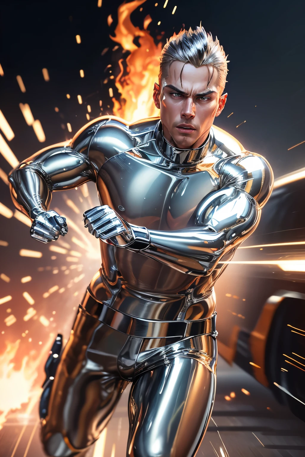 best quality, movie scene, handsome, expressionless, blonde regent, Los Angeles police officer, (chrome plated, liquid metal:1.4), background (explosive flame, motion-blur, action-lines, speed-lines:1.3)