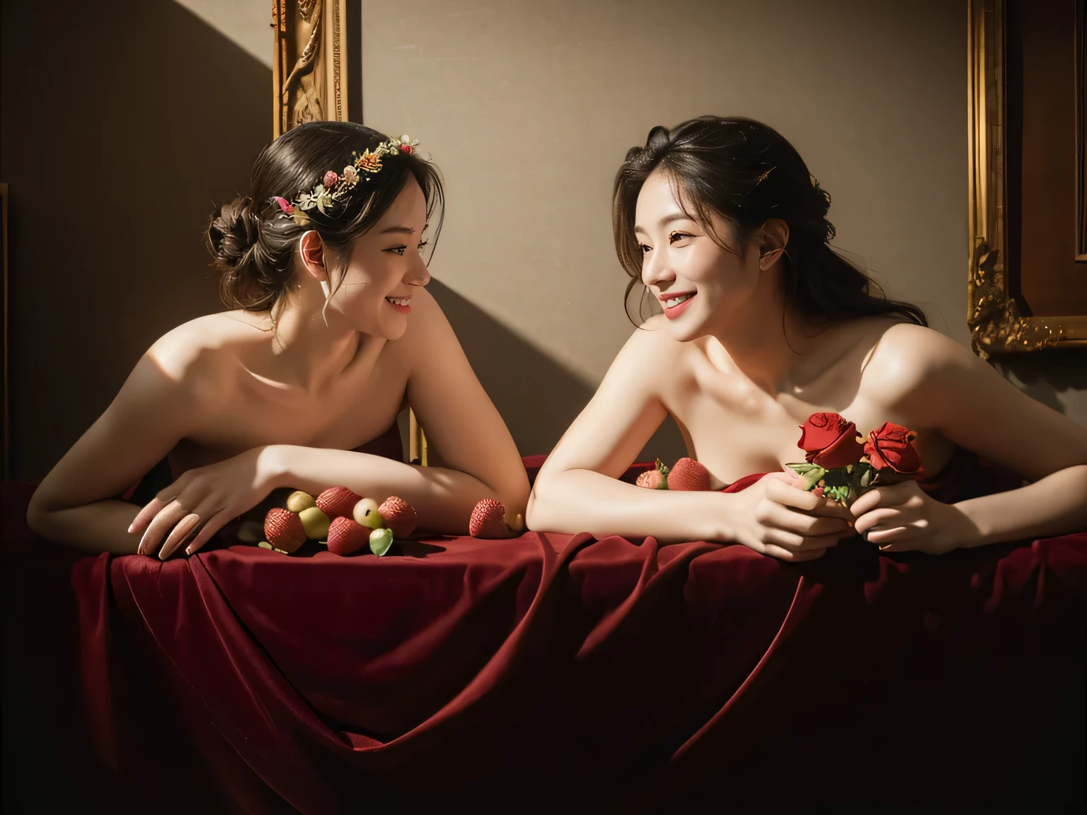 full body portrait ,fruits,Rose ,flower,Rosa,antique,A smile,,Sweet and seductive appearance.、Rubens paintings、Chiaroscuro of Caravaggio,Two women frolicking,Cute smile, Expression of ecstasy,sexy 