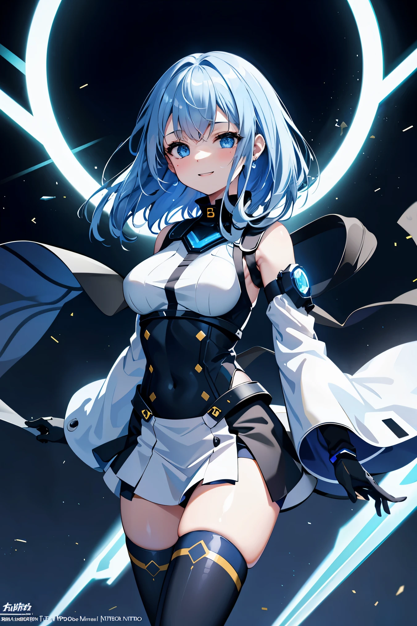 city scape, nsfw, (love face, very very happy:1.5), (mecha musume, cyborg girl), low teen, stylish angle, stylish pose, (headphone, mechanical torso, mechanical clothes), looking at viewer, cropped bangs, blue miniskirt, plastics corset, beautiful light effect, caution decare, gleaming skin, furisode, detached long sleevs, very wide sleeves, (corporate logotype:1.2),