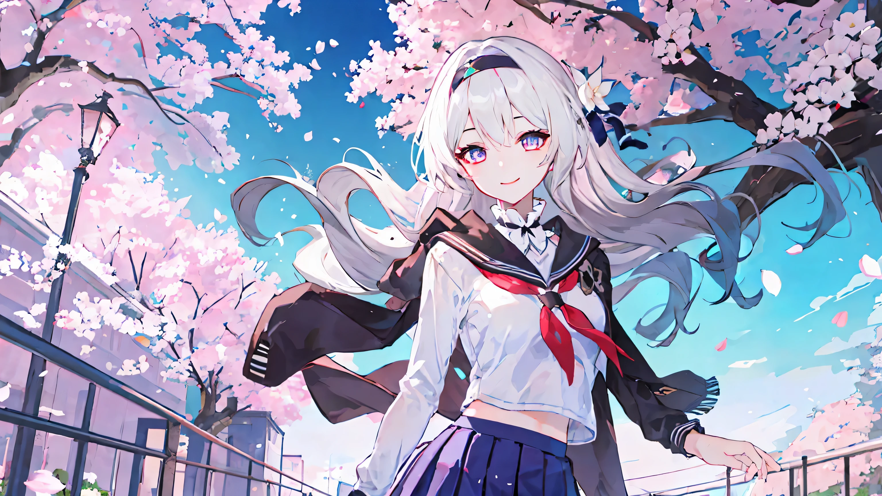 1girl, firefly \(honkai: star rail\), hairband, solo, school uniform, white shirt, sweater, pleated skirt, white sailor collar, white scarf, scarf, pantyhose, light smile, looking at viewer, outdoors, street, cherry blossoms, petals, depth of field, masterpiece