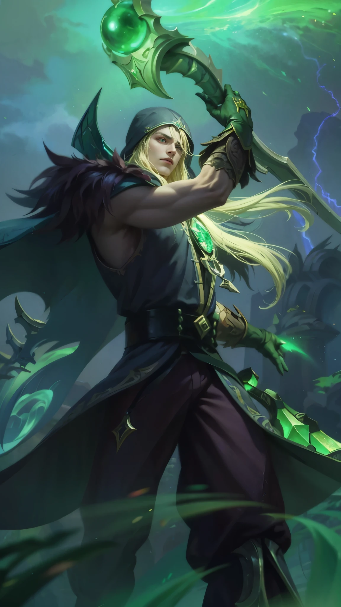 Best quality, masterpiece, detailed skin texture, detailed clothes texture, detailed face, super detail, 8k, intricate detail, 1 boy, The color doesn't change, Muscle guy, 1 guy, a close up of a person holding a sword in a field, amazing portrait of viego, inspired by Huang Shen, inspired by Shen Zhou, astri lohne, karthus from league of legends, stanley artgerm lau, 8 k hd wallpaperjpeg artifact, 8k hd wallpaperjpeg artifact, league of legends character art, a blonde emerald warrior.