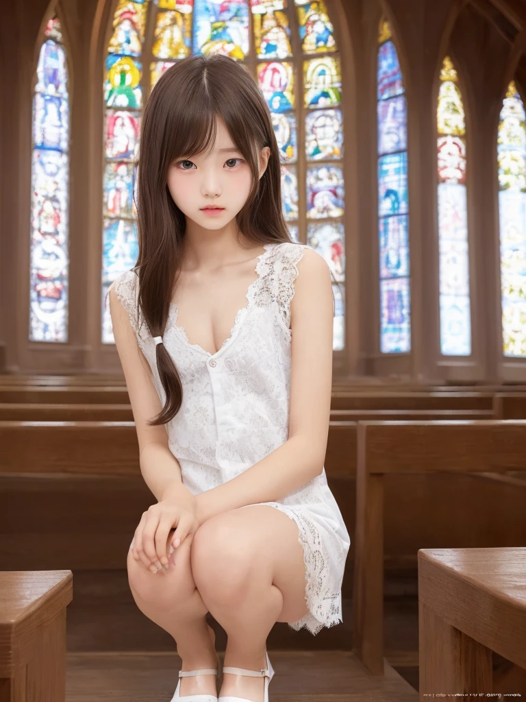 ultra best quality、in 8K、masuter piece、delicate illustration）、((Japanese female priest with medium breasts and very young child of 8 years old))、very thin body、very thin waist、Priest&#39;dress raid hairstyle、((very short stature))、((fancy white dress of a church priest))、raid hairstyle、Medium Long Hair、Cross Necklace、((right in front of the girl:1.4))、A big smile when looking at the camera、(Church altar)、((A young child with normal breasts spreads her legs wide on the church altar and seduces her followers.))、((Show me your erotic and too small sexy panties))、(beautiful naked nipples)、(beautiful naked pussy line)、