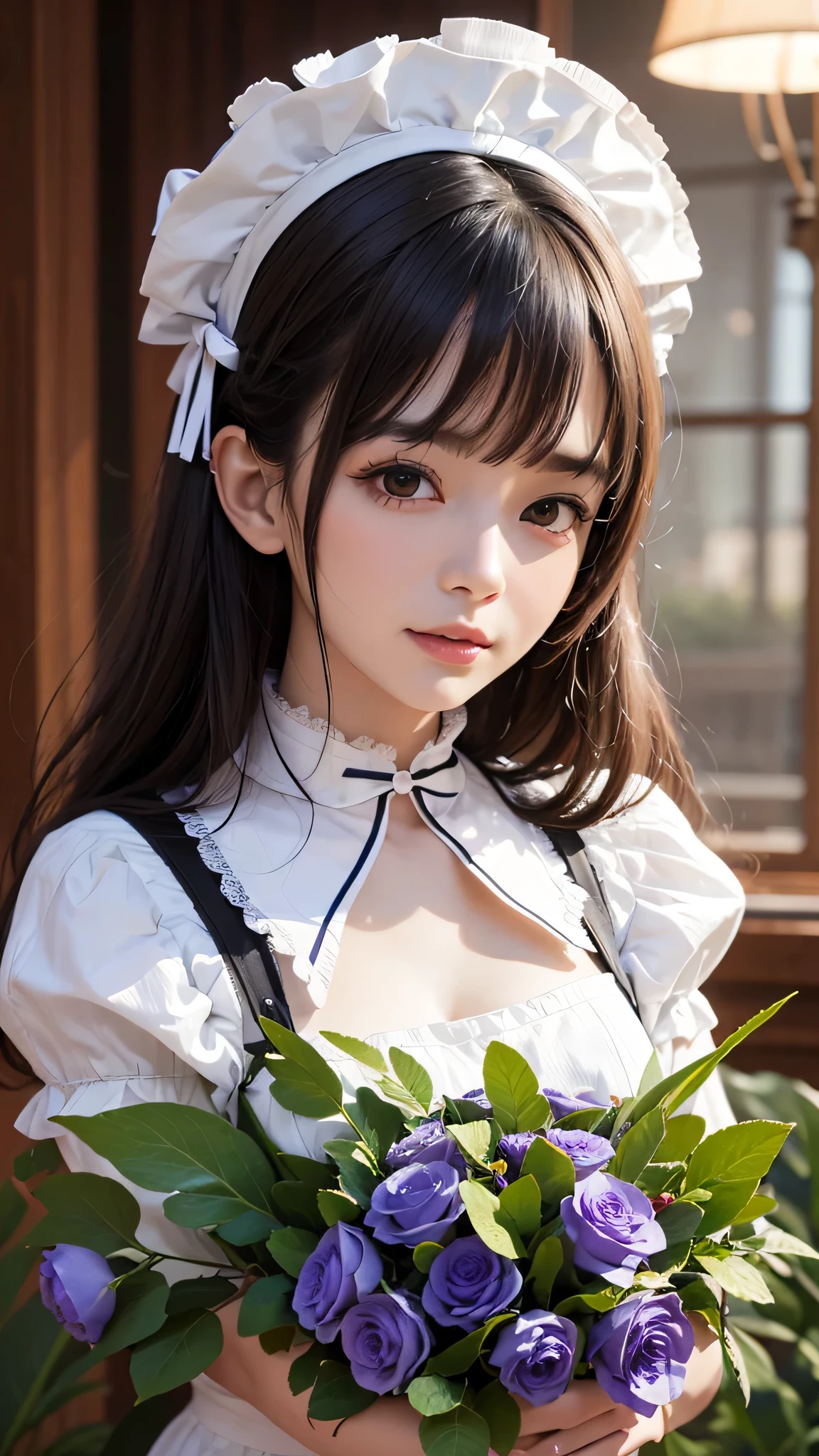 Beautiful white and shining skin、Chestnut hair that changes depending on the light、Long bangs between the eyes that obstruct the view、Cheek gloss highlights、Sexy and very beautiful nice gorgeous face、the most beautiful face in the world、short bob、Smooth straight hair、medium breasts、beautiful breasts、cleavage、Big and bright eyes、beautiful bangs、Beautiful and beautiful woman、small face beauty、golden ratio、natural smile、headdress、white blouse、black ribbon、puff sleeves、collar、choker、white apron with fine frills、black maid costume、