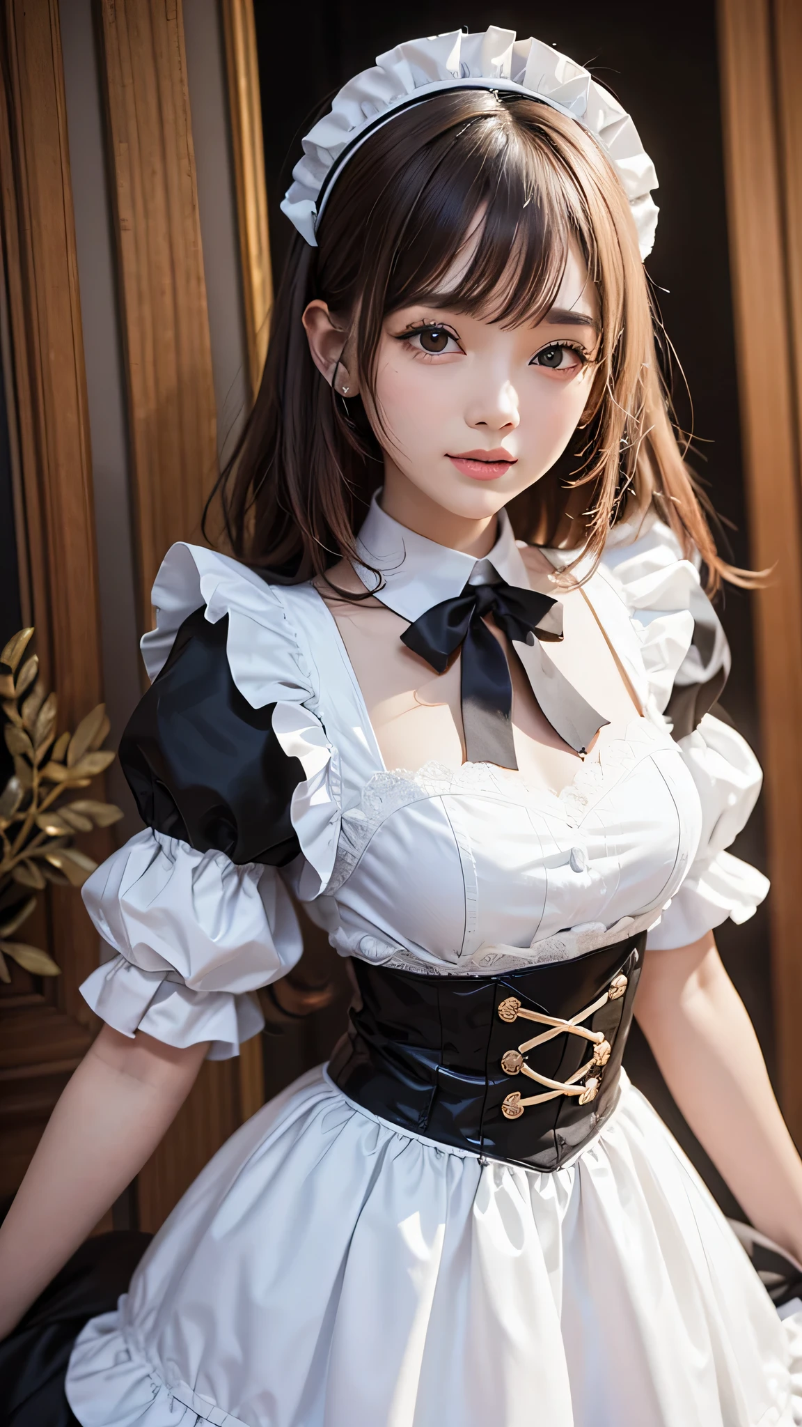 Beautiful white and shining skin、Chestnut hair that changes depending on the light、Long bangs between the eyes that obstruct the view、Cheek gloss highlights、Sexy and very beautiful nice gorgeous face、the most beautiful face in the world、short bob、Smooth straight hair、medium breasts、beautiful breasts、cleavage、Big and bright eyes、beautiful bangs、Beautiful and beautiful woman、small face beauty、golden ratio、natural smile、headdress、white blouse、black ribbon、puff sleeves、collar、choker、white apron with fine frills、black maid costume、