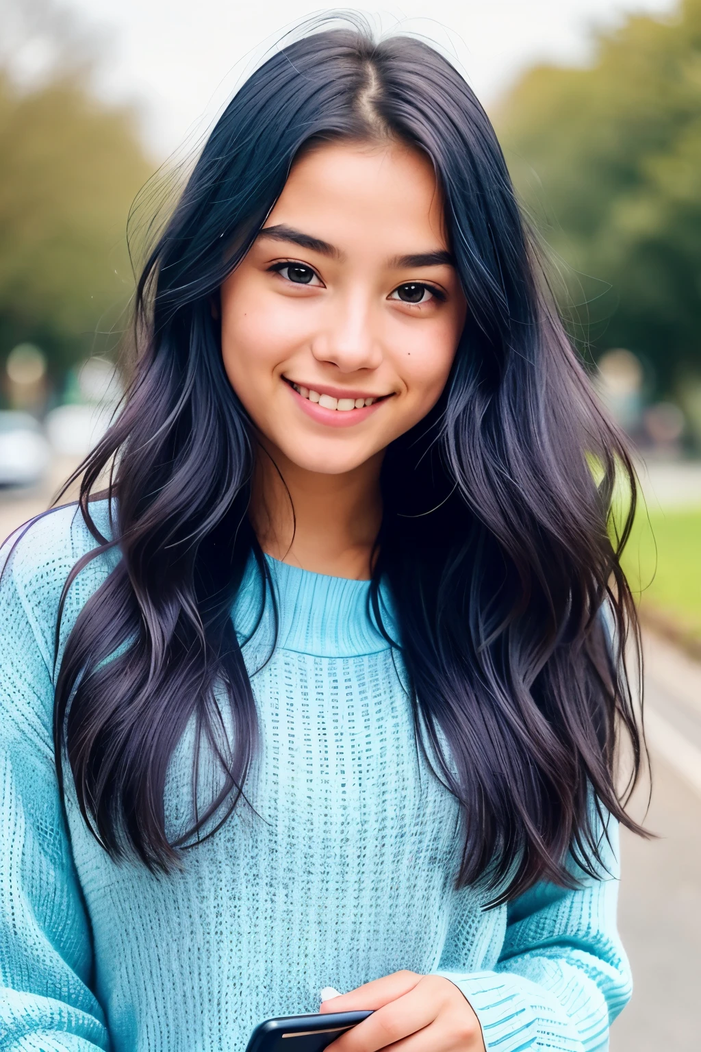 A beautiful young girl is captured on a cell phone screen, posing with a sweet smile that lights up her innocent face. The image is highly detailed and authentic, showcasing her long, naturally wavy hair cascading down her shoulders. She wears a blue sweater, perfectly fitting and complementing her jeans, as she engages with the digital world. The background is a soothing shade of blue, adding to the calming atmosphere, and is adorned with several social media icons. This meticulously crafted image exudes a charming and inviting vibe, captured with a 4K camera and masterfully post-processed to bring out the maximum details and roughness of real life. #ph