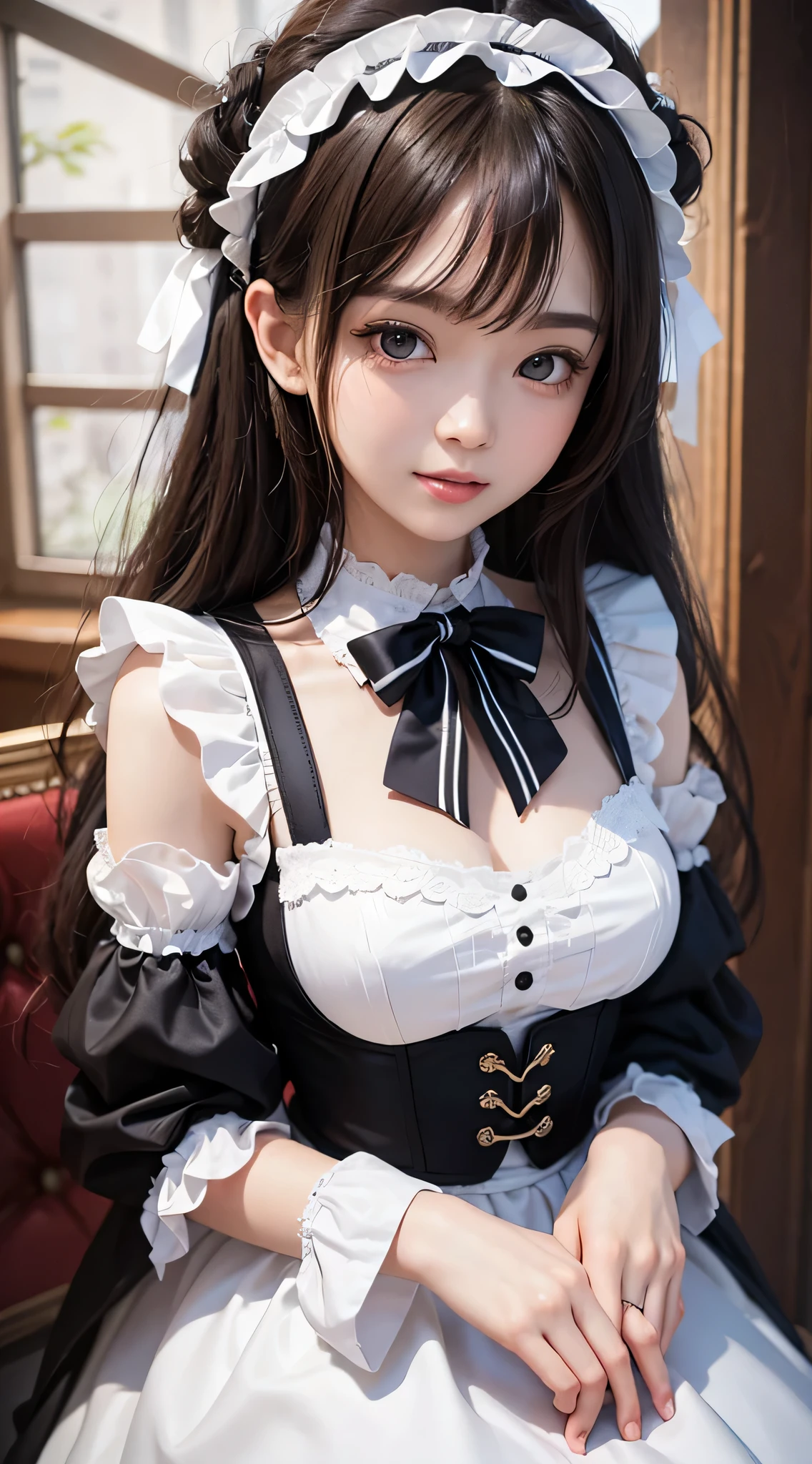 Beautiful white and shining skin、Chestnut hair that changes depending on the light、Long bangs between the eyes that obstruct the view、Cheek gloss highlights、Sexy and very beautiful nice gorgeous face、the most beautiful face in the world、short bob、Smooth straight hair、medium breasts、beautiful breasts、cleavage、Big and bright eyes、beautiful bangs、Beautiful and beautiful woman、small face beauty、golden ratio、natural smile、headdress、white blouse、black ribbon、puff sleeves、collar、choker、white apron with fine frills、black maid costume、beautiful thighs、