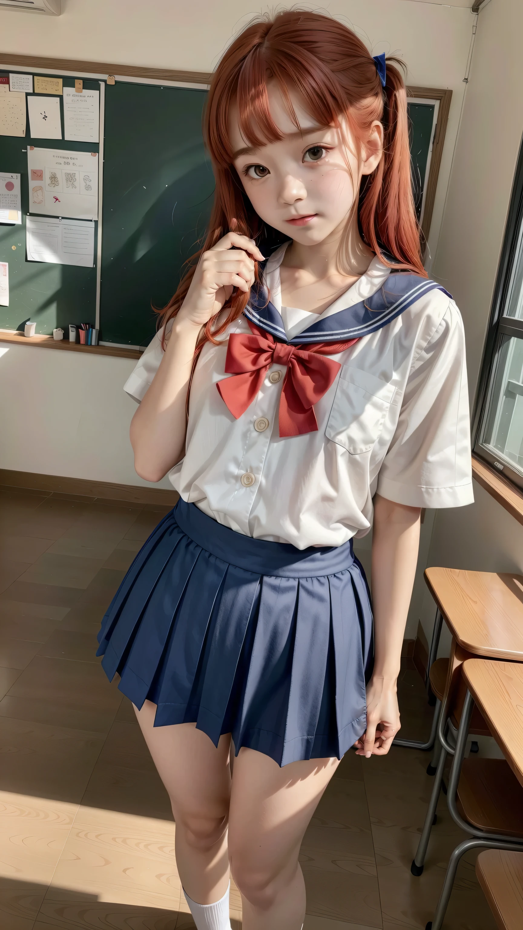 ((calidad superior, ultra detallado, high resolution, CG extremadamente detallado, fondo de pantalla de unidad 8k, por artista famoso, perfect anatomy, super detailed skin, cinematic lighting, HD, retina, anatomically correct, 1080P)), (Por favor, draw a single happy girl walking in a school classroom. :1.3), ((1 chica)), (Solo, rostro,13 years:2.0), un estudiante de secundaria, ((cute , chibi, babyrostro)) androgynous charm, (pelo medio, ((pelo rojo completo)) ((pelirrojo)), coletas, ((flequillo recto y corto)), con un lazo en el pelo, ((very thin piernas)), ((skinny piernas, cuerpo delgado, small construction)), Extremidades completas, dedos completos, ((dedos y manos perfectos)), pecho plano, cuerpo , small butt, ingle, Hermosos ojos llenos de oro amarillo detallados., ojos perfectos, ((japanese sailor school uniform of blusa blanca and Falda azul)), ((seifuku)), ((Falda azul)), ((blusa blanca)), ((Arco rojo on the blouse)), ((Arco rojo)), ((cuello marinero azul, mangas cortas)), sin medias, (detailed lighting), (Fondo de escenario detallado), ((en la zona escolar)), vista de cuerpo completo, ((de pie)), piernas. lindo, chica soltera kawaii (Una chica), Toma de cuerpo completo. ((El fondo es la escuela.)), cuerpo delantero, ((mano izquierda arriba, mano derecha abajo))
