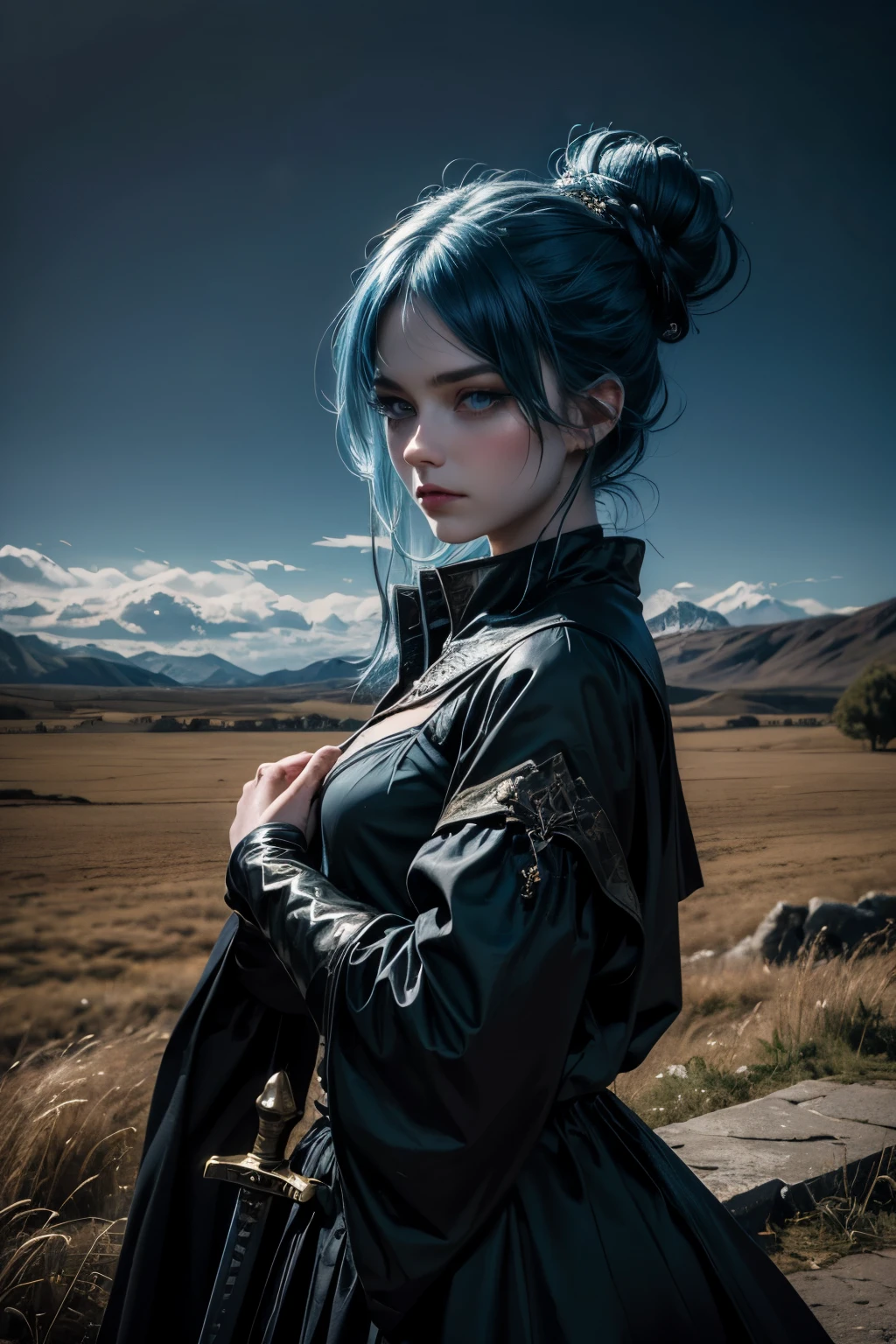 girl with blue beautiful collected hair, blue eyes, in a medieval long black closed dress, scarred hands, Beautiful face, stern face, cold face, with sword in hands, Masterpiece, high quality, dark fantasy, closed long dress, sad face, blue hair in a bun, very pale face, Summer вокруг, Summer landscape, high quality, Summer, Green grass