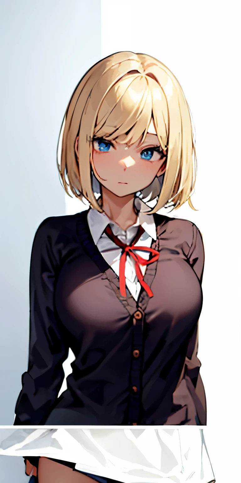 solo,Portrait,gal,1Girl,jitome, blue eyes,hair over one eye,large breasts,brown skin,BREAK,gold hair,straight bob cut,BREAK,School Uniforms,dark grey short pleated skirt,BREAK,sleeves past wrists black baggy cardigan,BREAK,inner wear is white collared-shirt, BREAK,It's loose red Thin ribbon
