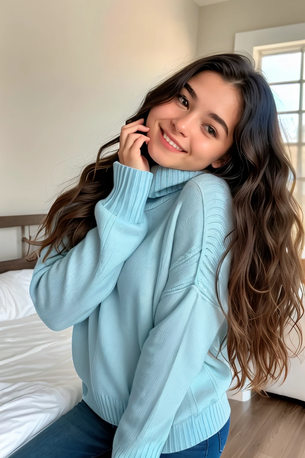 A beautiful young girl is captured on a cell phone screen, posing with a sweet smile that lights up her innocent face. The image is highly detailed and authentic, showcasing her long, naturally wavy hair cascading down her shoulders. She wears a blue sweater, perfectly fitting and complementing her jeans, as she engages with the digital world. The background is a soothing shade of blue, adding to the calming atmosphere, and is adorned with several social media icons. This meticulously crafted image exudes a charming and inviting vibe, captured with a 4K camera and masterfully post-processed to bring out the maximum details and roughness of real life. #ph