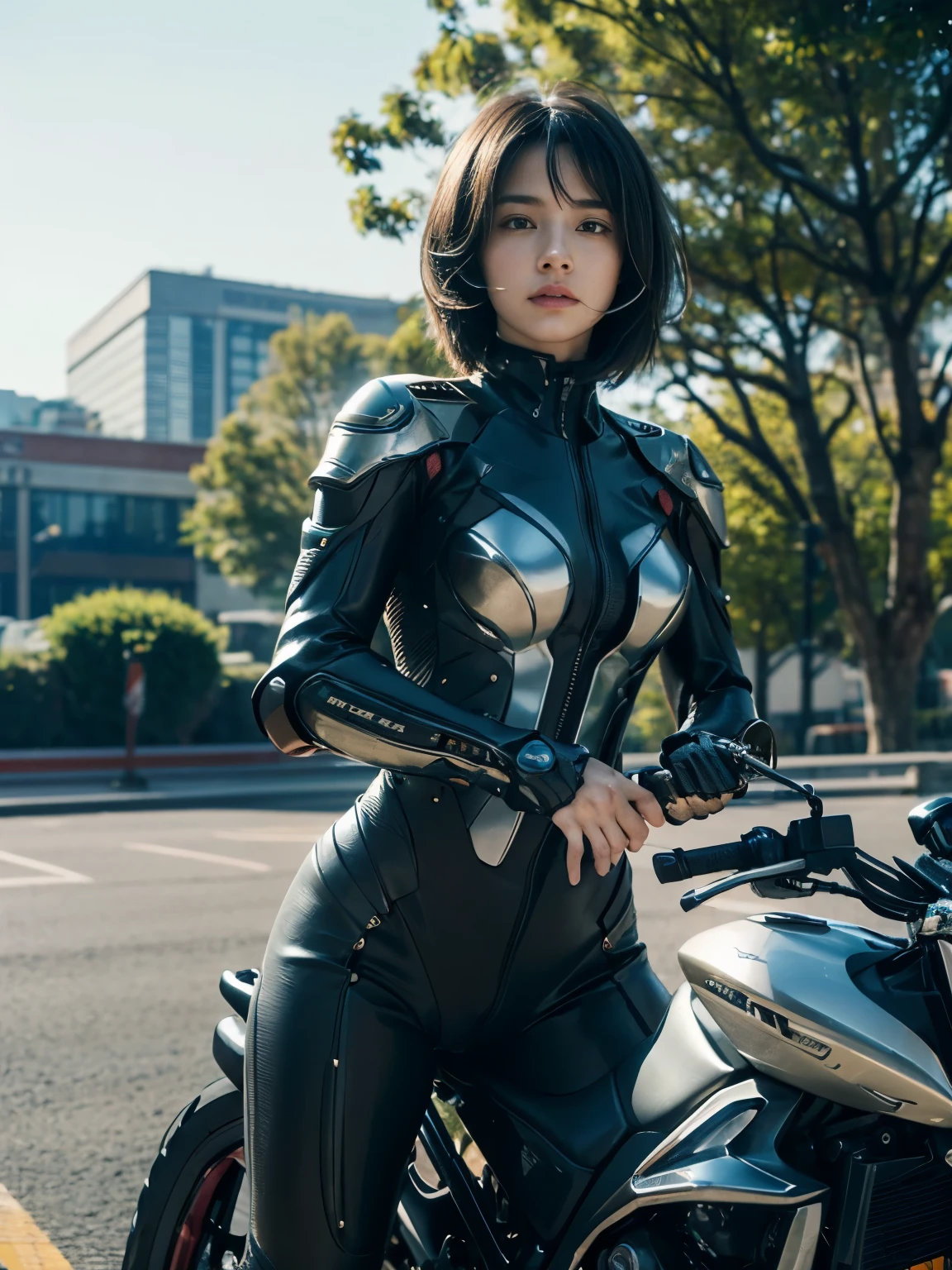 (((A woman with a mechanized body))), dynamic podium: 1.3), (realistic:1.5), (realistic:1.4), 8k, Super detailed beautiful girl, 1 girl, (a sunny day:1.5), intricate body details, (short: 1.3), (highest quality: 1.0), (Super high sharpness: 1.0), (thin hair:1.4),(Beautiful and delicate depiction of eyes),((((ride a motorcycle)))),unreal engine:1.4,photorealistic:1.4, skin texture:1.4, masterpiece:1.8,highest quality at best,(Wearing the communication headset、future city、((cybernetics))、(Red clotheetal fingers、long limbs、((gear in joint))