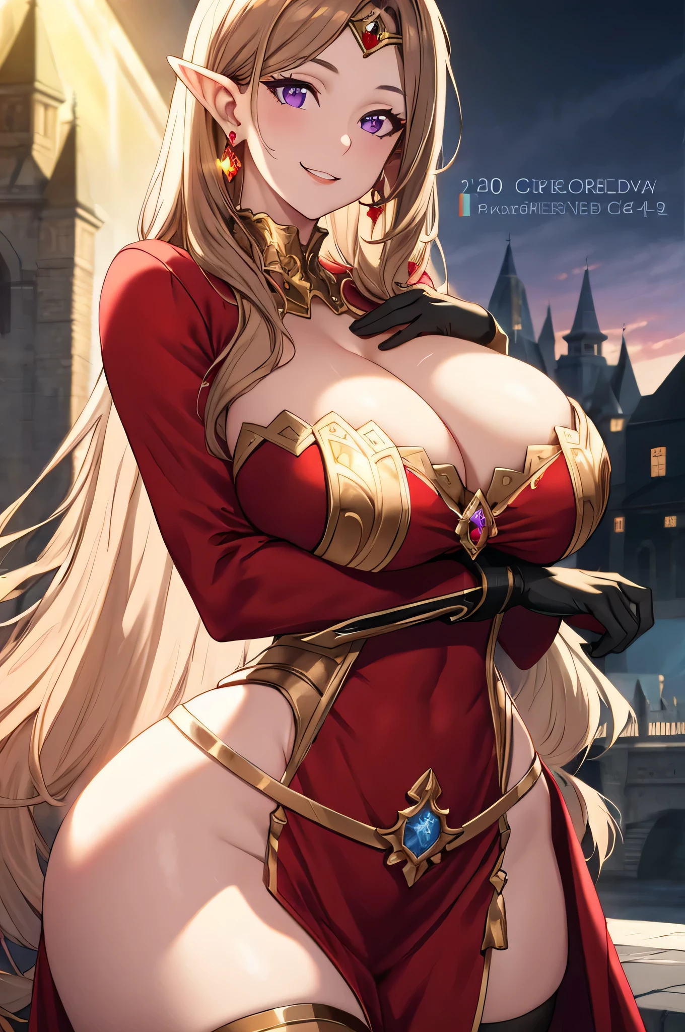 Lian, light brown hair, long elf ears, hair stick, bangs, violet eyes, solo, smiling, standing, upper body, hips, bare shoulders,purple thighhighs,red dress, gold jewelry,armor,gloves,circlet, cleavage, red and gold royal castle, gigantic breasts, (best quality, masterpiece, beautiful and aesthetic:1.2, highest detailed face, perfect face,) eyes, perfect face,expressive eyes,
looking at viewer, in the center of the image,(Upper_body),(Focus on her face),
official art,extremely detailed CG unity 8k wallpaper, perfect lighting,Colorful, Bright_Front_face_Lighting,shiny skin,
(masterpiece:1.0),(best_quality:1.0), ultra high res,4K,ultra-detailed