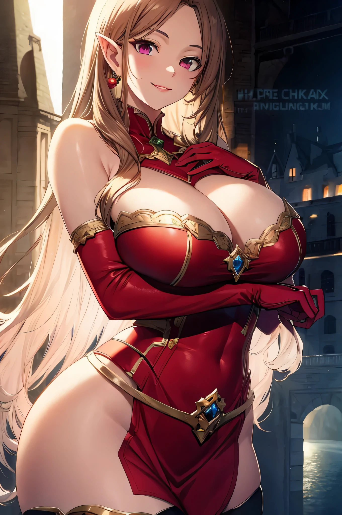 Lian, light brown hair, long elf ears, hair stick, bangs, violet eyes, solo, smiling, standing, upper body, hips, bare shoulders,purple thighhighs,red dress, gold jewelry,armor,gloves,circlet, cleavage, red and gold royal castle, gigantic breasts, (best quality, masterpiece, beautiful and aesthetic:1.2, highest detailed face, perfect face,)  eyes, perfect face,expressive eyes,
looking at viewer, in the center of the image,(Upper_body),(Focus on her face),
official art,extremely detailed CG unity 8k wallpaper, perfect lighting,Colorful, Bright_Front_face_Lighting,shiny skin, 
(masterpiece:1.0),(best_quality:1.0), ultra high res,4K,ultra-detailed
