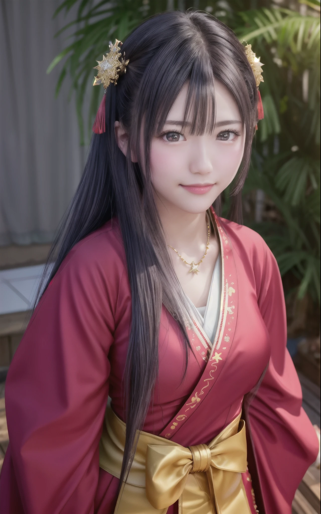 最high quality, masterpiece, High resolution, uxia 1 girl,blush,(enchanting smile:0.8),star-shaped pupil,Chinese Hanfu,hair ornaments,necklace, jewelry,beautiful face,On top of that_body, Tyndall effect,realistic, Dark studio, rim lighting, two-tone lighting,(high definition skin:1.2), 8k UHD, Digital single-lens reflex camera, soft lighting, high quality, volume lighting, Frank, photograph, High resolution, 4k, 8k,