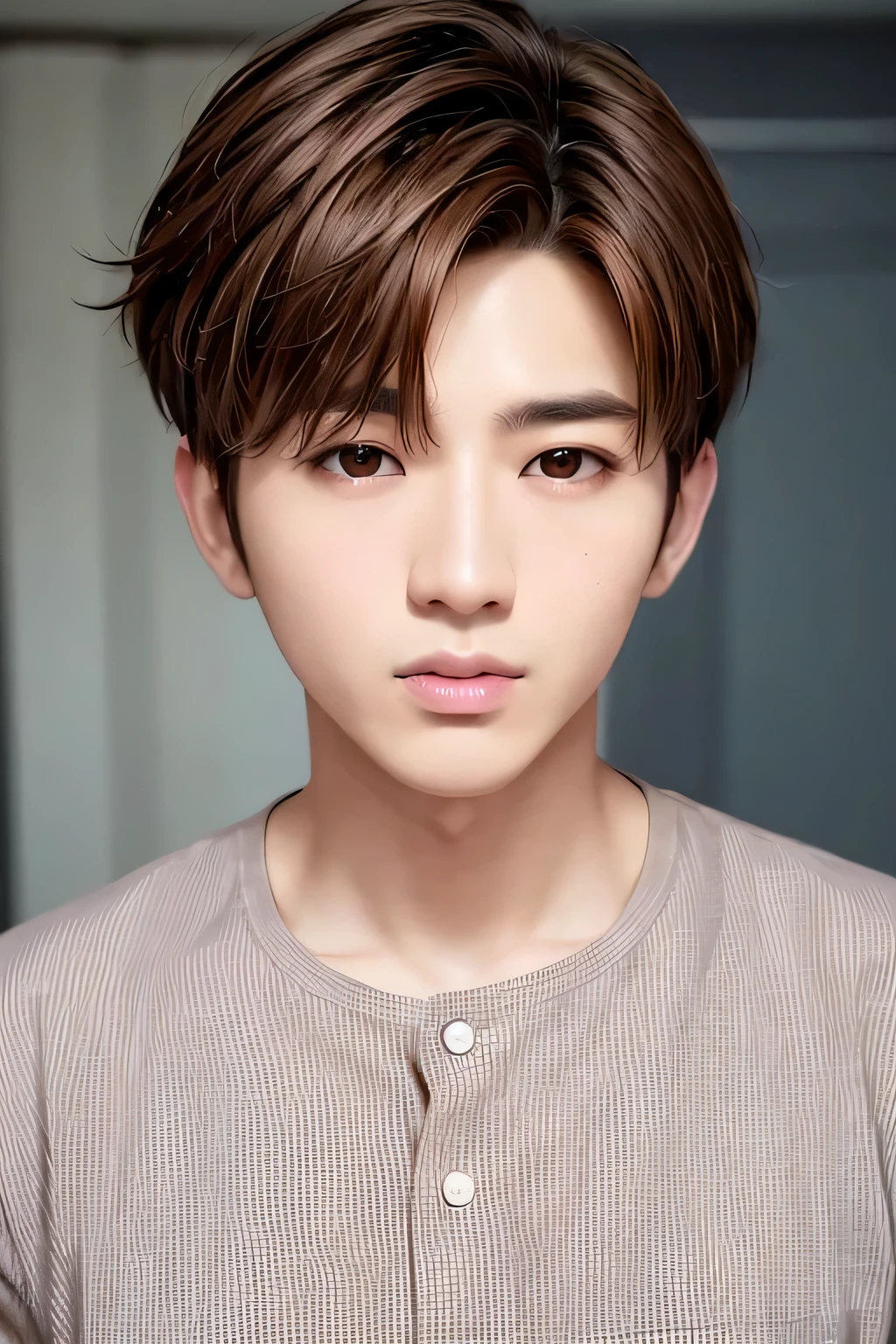 1 person、high quality、masterpiece、4k、Shorthair and brown hair、realistic skin、rough skin、(Facial:1.23)、(closed mouth:1.12)、striped loungewear、Bedroom、