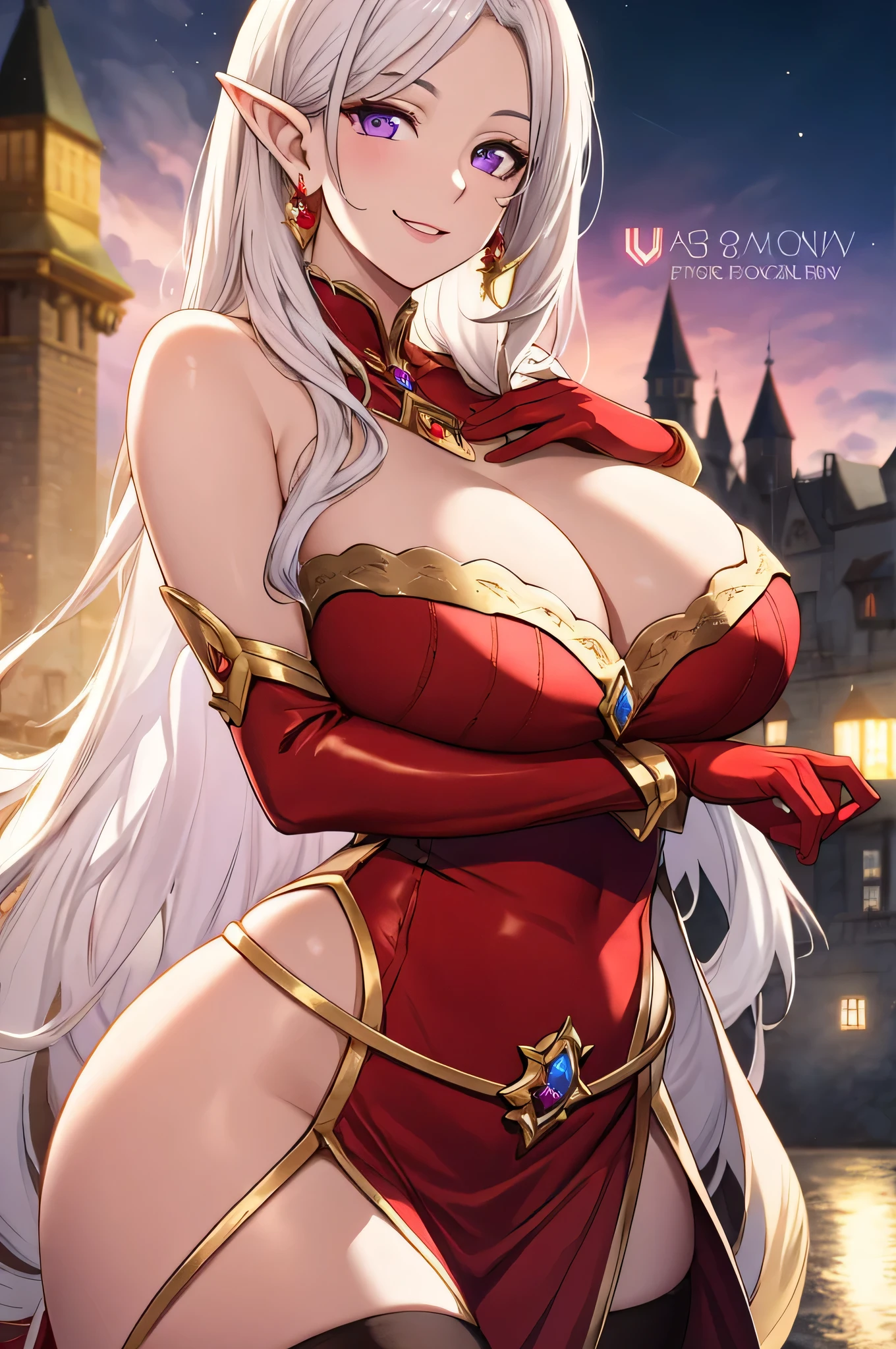 Lian, long white hair, long elf ears, hair stick, bangs, violet eyes, solo, smiling, standing, upper body, hips, bare shoulders,purple thighhighs,red dress, gold jewelry,armor,gloves,circlet, cleavage, red and gold royal castle, gigantic breasts, (best quality, masterpiece, beautiful and aesthetic:1.2, highest detailed face, perfect face,) eyes, perfect face,expressive eyes,
looking at viewer, in the center of the image,(Upper_body),(Focus on her face),
official art,extremely detailed CG unity 8k wallpaper, perfect lighting,Colorful, Bright_Front_face_Lighting,shiny skin,
(masterpiece:1.0),(best_quality:1.0), ultra high res,4K,ultra-detailed