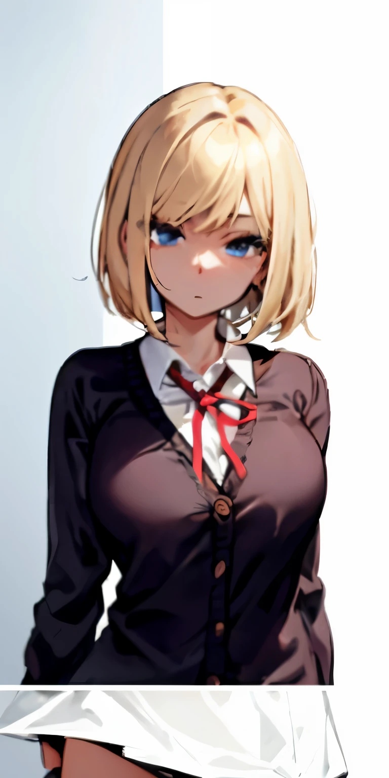 solo,Portrait,gal,1Girl,jitome, blue eyes,hair over one eye,large breasts,brown skin,BREAK,gold hair,straight bob cut,BREAK,School Uniforms,dark grey short pleated skirt,BREAK,sleeves past wrists black baggy cardigan,BREAK,inner wear is white collared-shirt, BREAK,It's loose red Thin ribbon