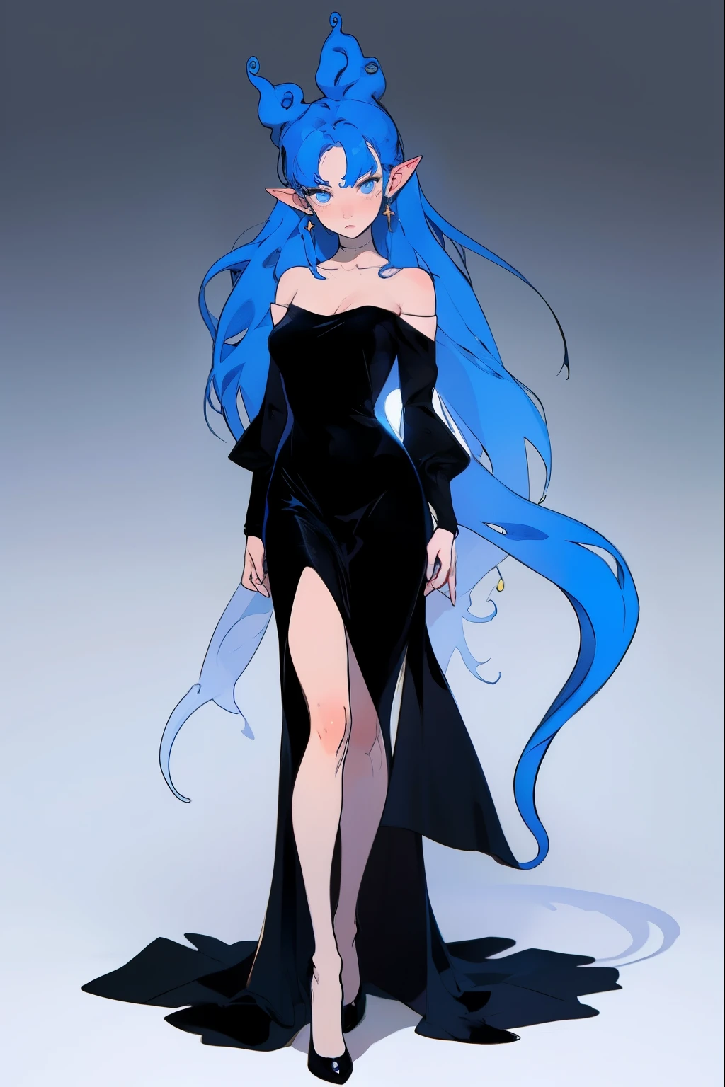 1girl, dress, pointy_ears, looking_at_viewer, white_background, long_hair, blue_eyes, blue_hair, blue_theme, simple_background, black_dress, detached_sleeves, shoes, breasts, short_eyebrows, bare_shoulders, tentacle_hair, full_body, standing, closed_mouth, multiple_views, black_footwear, see-through