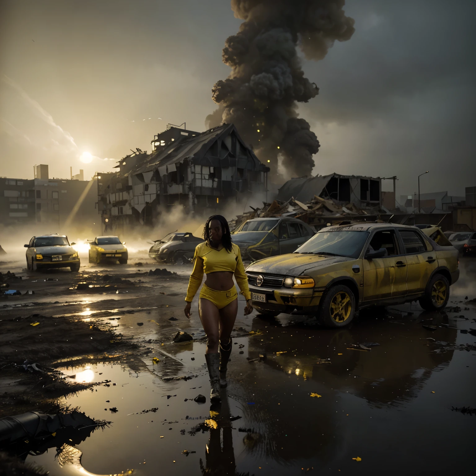 A black woman walking in a swamp wasteland surrounded by broken buildings and damaged cars, floating broken particles in air floating, sun shining a dark moody yellow light in the scene, the yellow light providing a yellow color grading, a thick yellow fog in the scene, cinematic lighting, 32k, ultra HD, hyper-realistic image , octane 3d rendering
