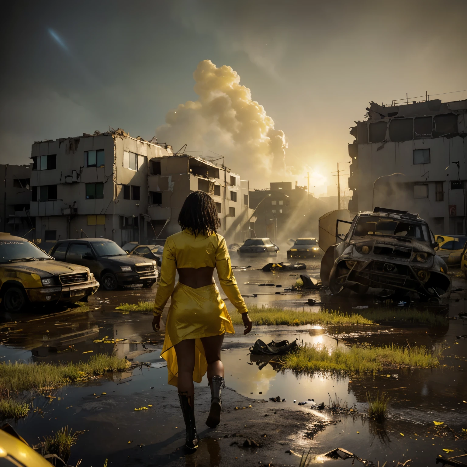 A black woman walking in a swamp wasteland surrounded by broken buildings and damaged cars, floating broken particles in air floating, sun shining a dark moody yellow light in the scene, the yellow light providing a yellow color grading, a thick yellow fog in the scene, cinematic lighting, 32k, ultra HD, hyper-realistic image , octane 3d rendering