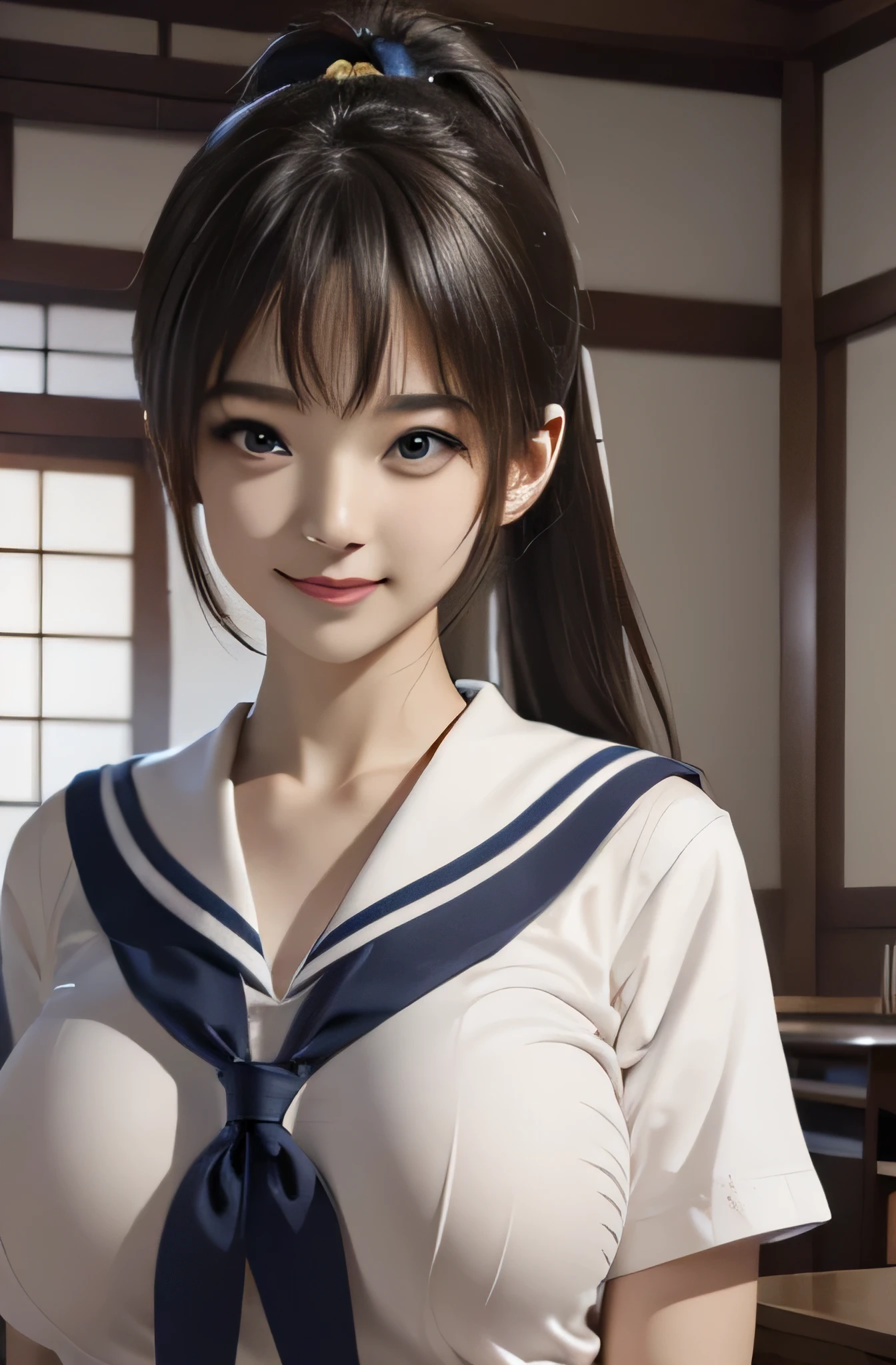 18 year old beautiful girl, cute, looking at camera,very big breasts ,Japan,beautiful breasts,beautiful eyes,nude,ponytail ,Beautiful woman,Good balance between left and right eyes,smile,Clean nude body,beautiful body,school classroom,sailor suit