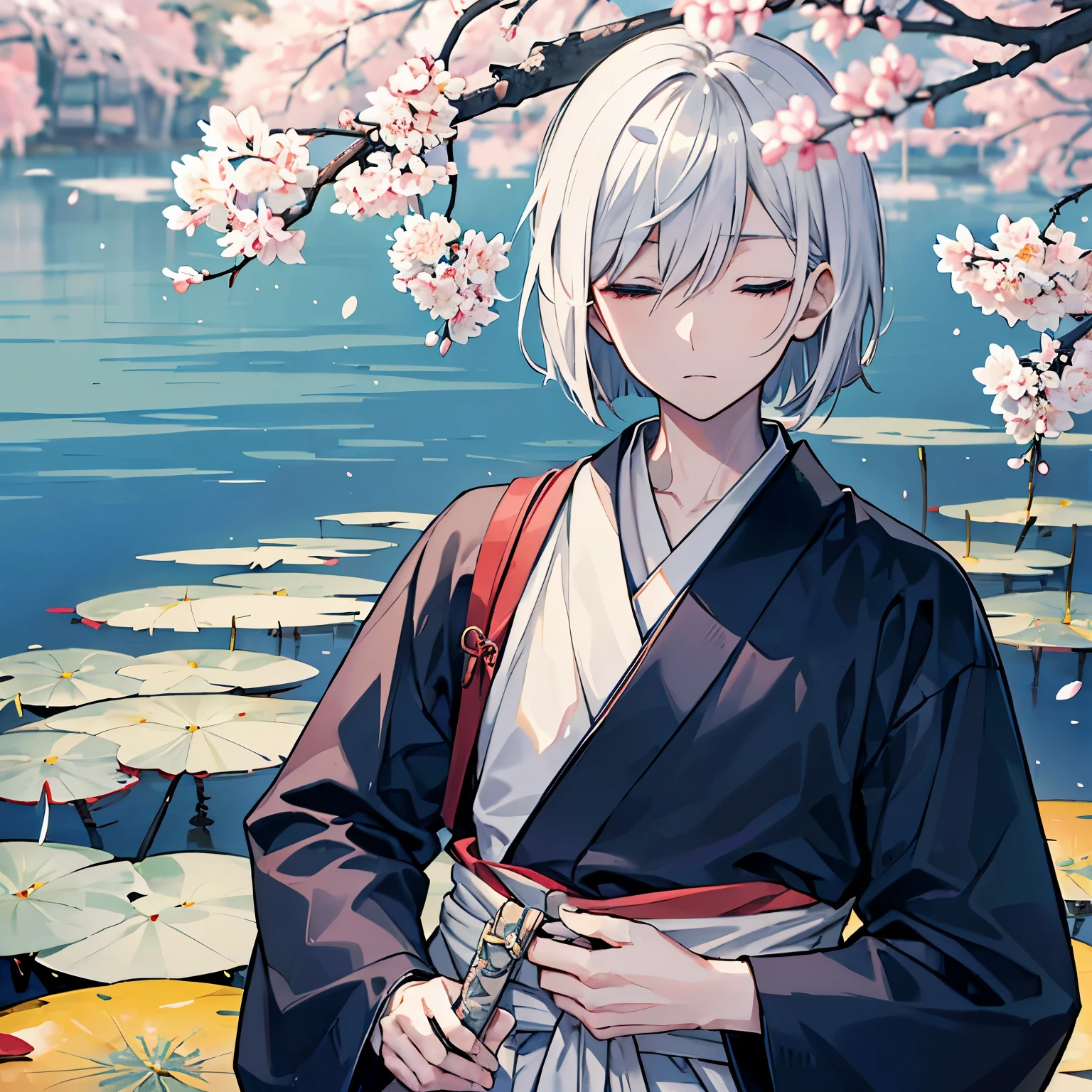a young man, expressionless, neutral, Japanese ink, bob cut, white hair, eyes closed, Scar around left eye, upper body, japanese clothes, Dark blue hakama, Dark blue kimono, a Japanese sword slung diagonally across the waist, Water lilies brooch on clothes, cherry tree in the background