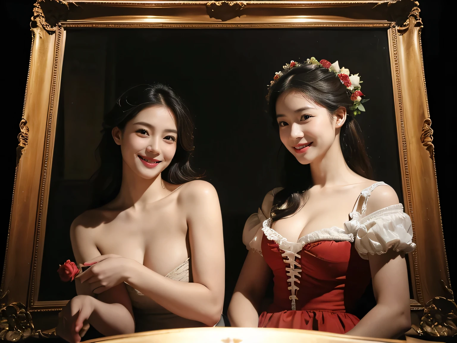 full body portrait ,fruits,Rose ,flower,Rosa,antique,A smile,,Sweet and seductive appearance.、Rubens paintings、Chiaroscuro of Caravaggio,Two women frolicking,Cute smile, Expression of ecstasy,sexy 