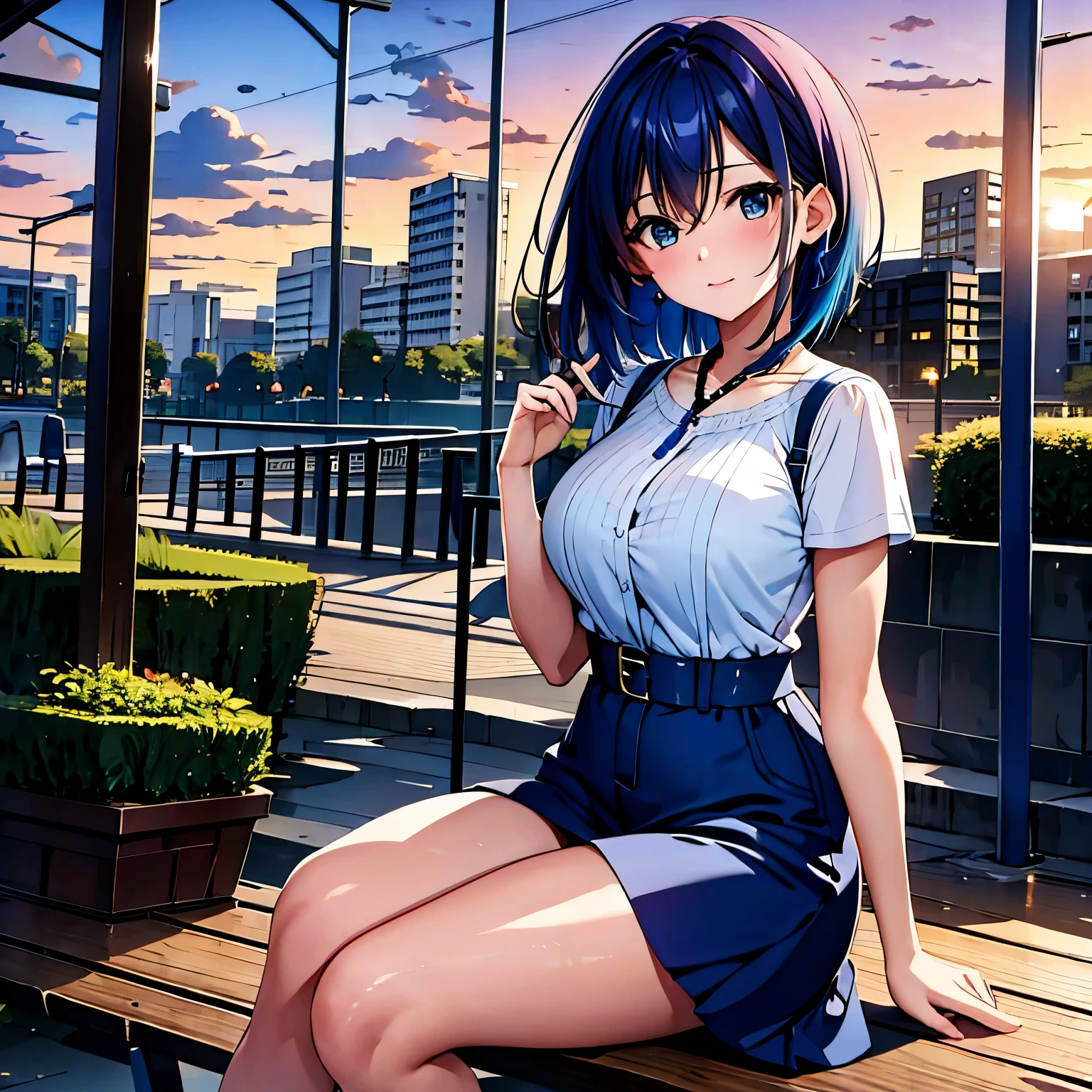 (masterpiece, highest quality:1.2), （adult woman）, （alone）, blue hair, short bob、hair blowing in the wind、Beautiful sunset in the park in the evening、Staring off into the distance and lost in thought、bench、Mature Woman、rough clothes、camera angle from the side