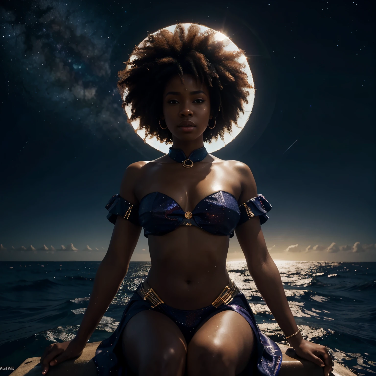 afro-anime art wide angle shot of African woman dressed in beautiful African designed synthetic clothes, sitting on a circular glowing plate floating above the sea, night time with the stars shining reflecting in the sea giving a beautiful fantasy cinematic look, her body full of glittering particles, fantasy art, sci-fi art, cosmic art, afro anime style, black anime, 32k, ultra HD, unreal engine rendered, hyper-realistic image, cinematic lighting