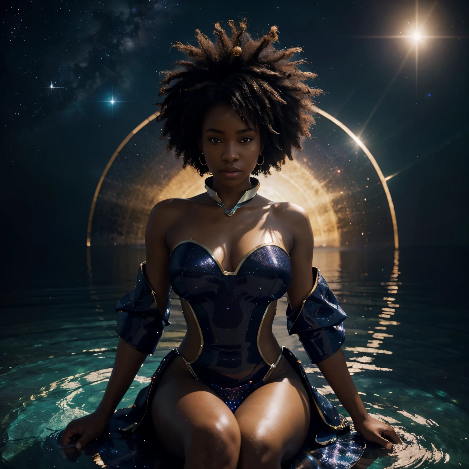 afro-anime art wide angle shot of African woman dressed in beautiful African designed synthetic clothes, sitting on a circular glowing plate floating above the sea, night time with the stars shining reflecting in the sea giving a beautiful fantasy cinematic look, her body full of glittering particles, fantasy art, sci-fi art, cosmic art, afro anime style, black anime, 32k, ultra HD, unreal engine rendered, hyper-realistic image, cinematic lighting